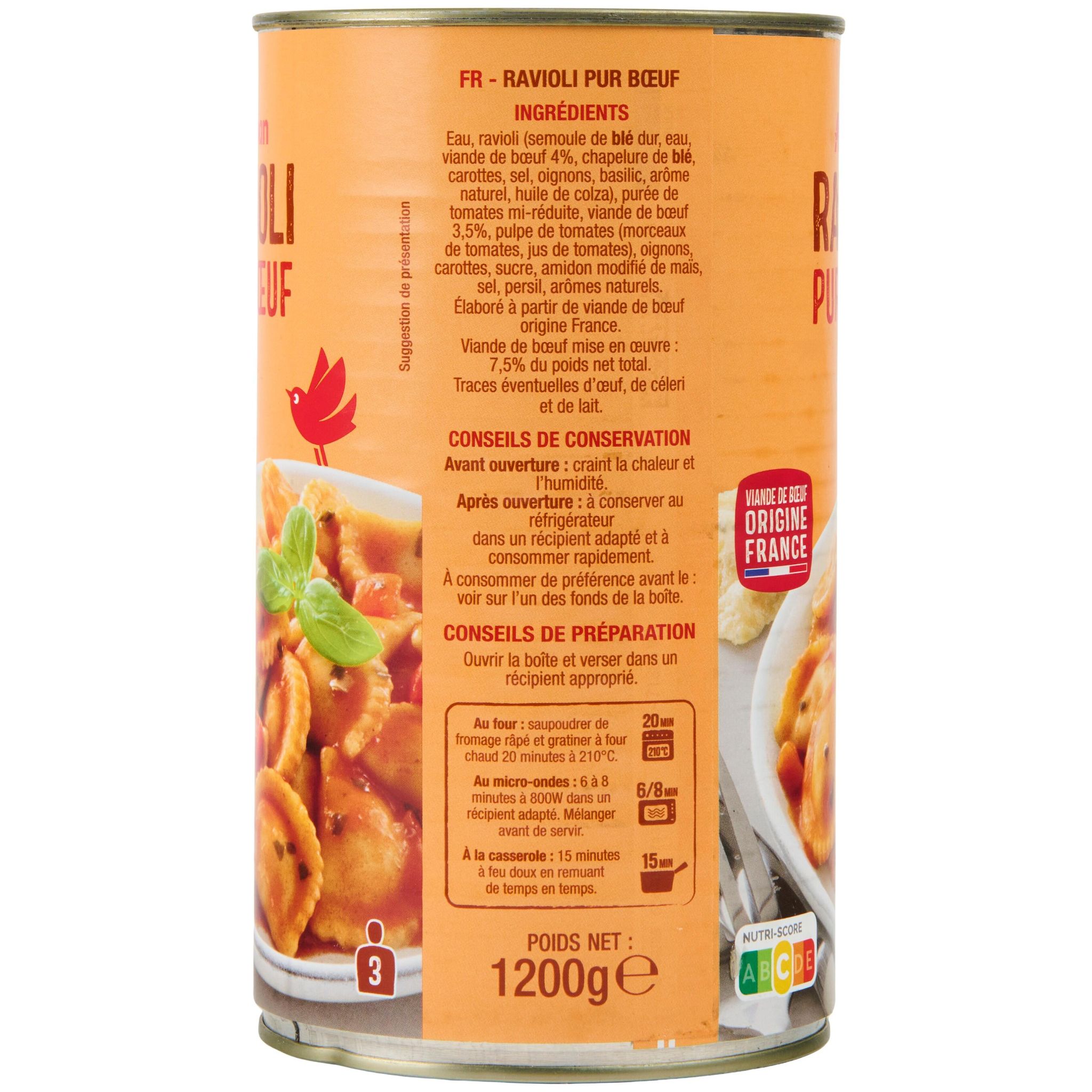 Voir la diapositive 2 : AUCHAN Ravioli pur boeuf 3 portions 1.2kg