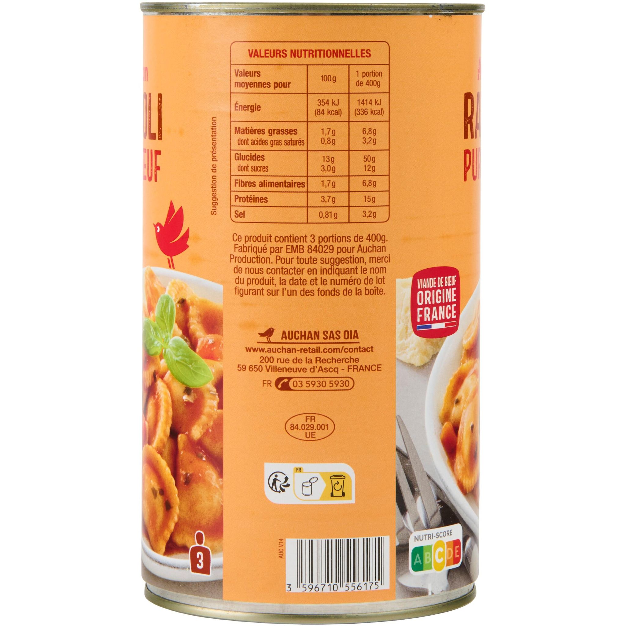Voir la diapositive 3 : AUCHAN Ravioli pur boeuf 3 portions 1.2kg