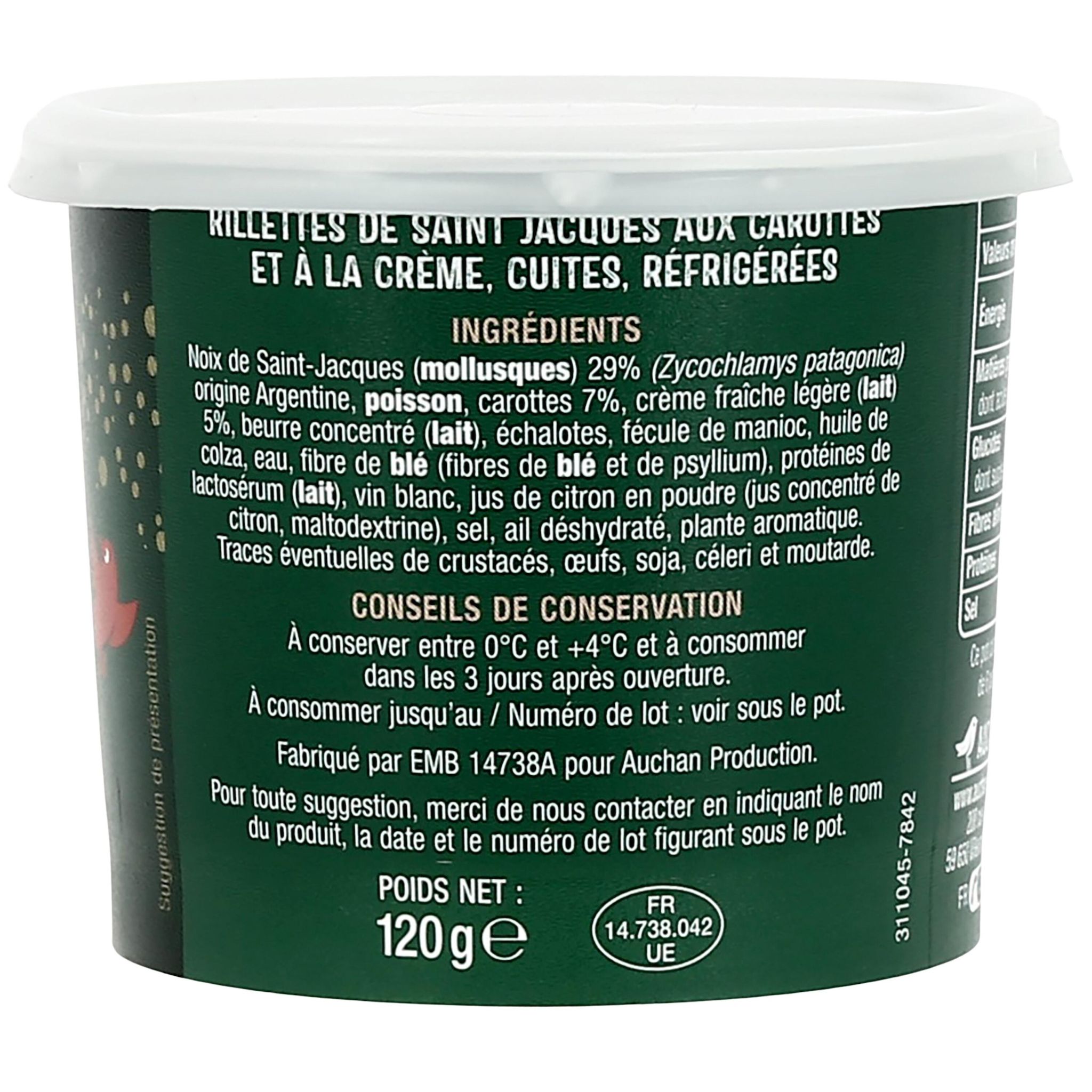 Voir la diapositive 2 : AUCHAN Rillettes de saint jacques au beurre blanc 120g
