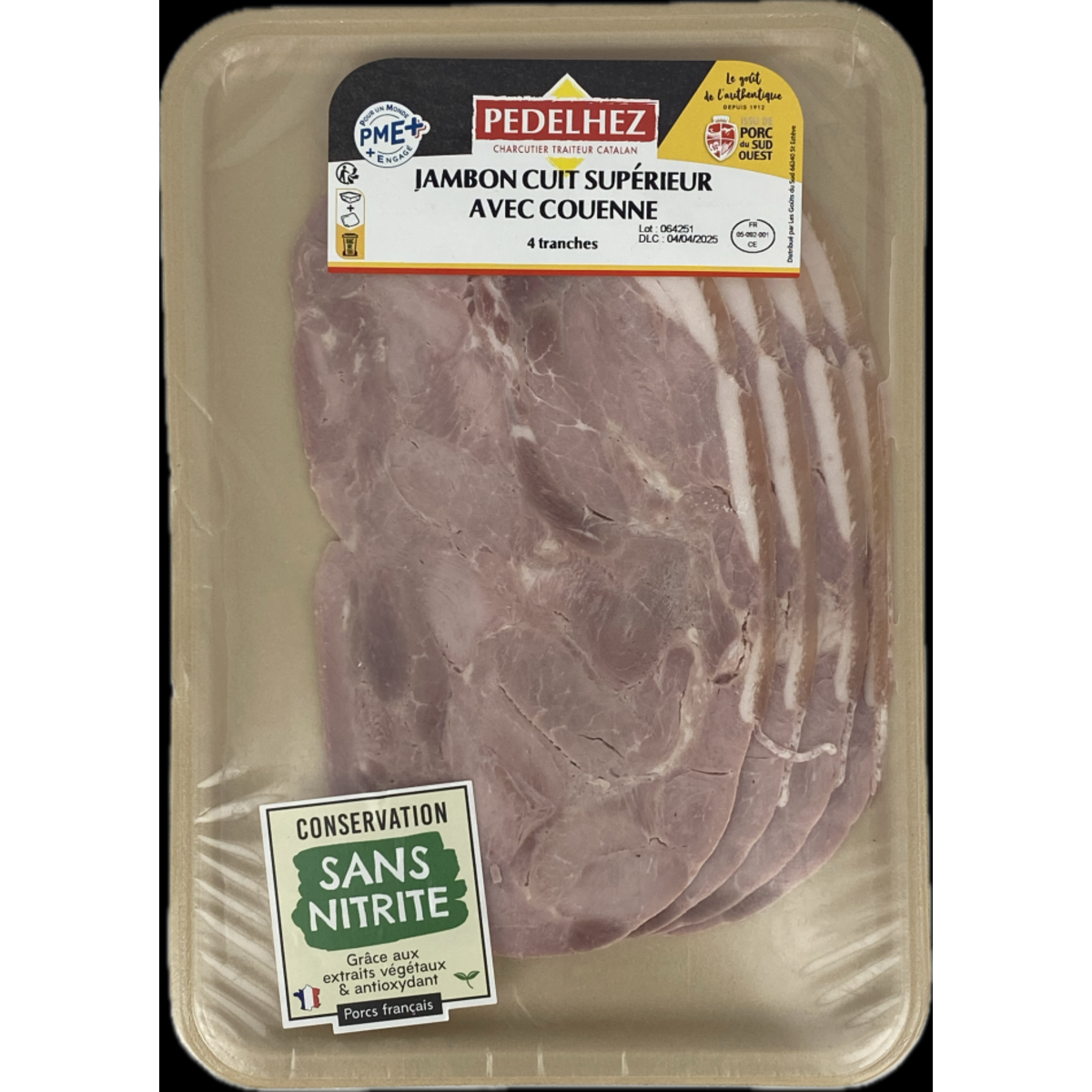PEDELHEZ Jambon supérieur avec couenne 4 tranches 240g