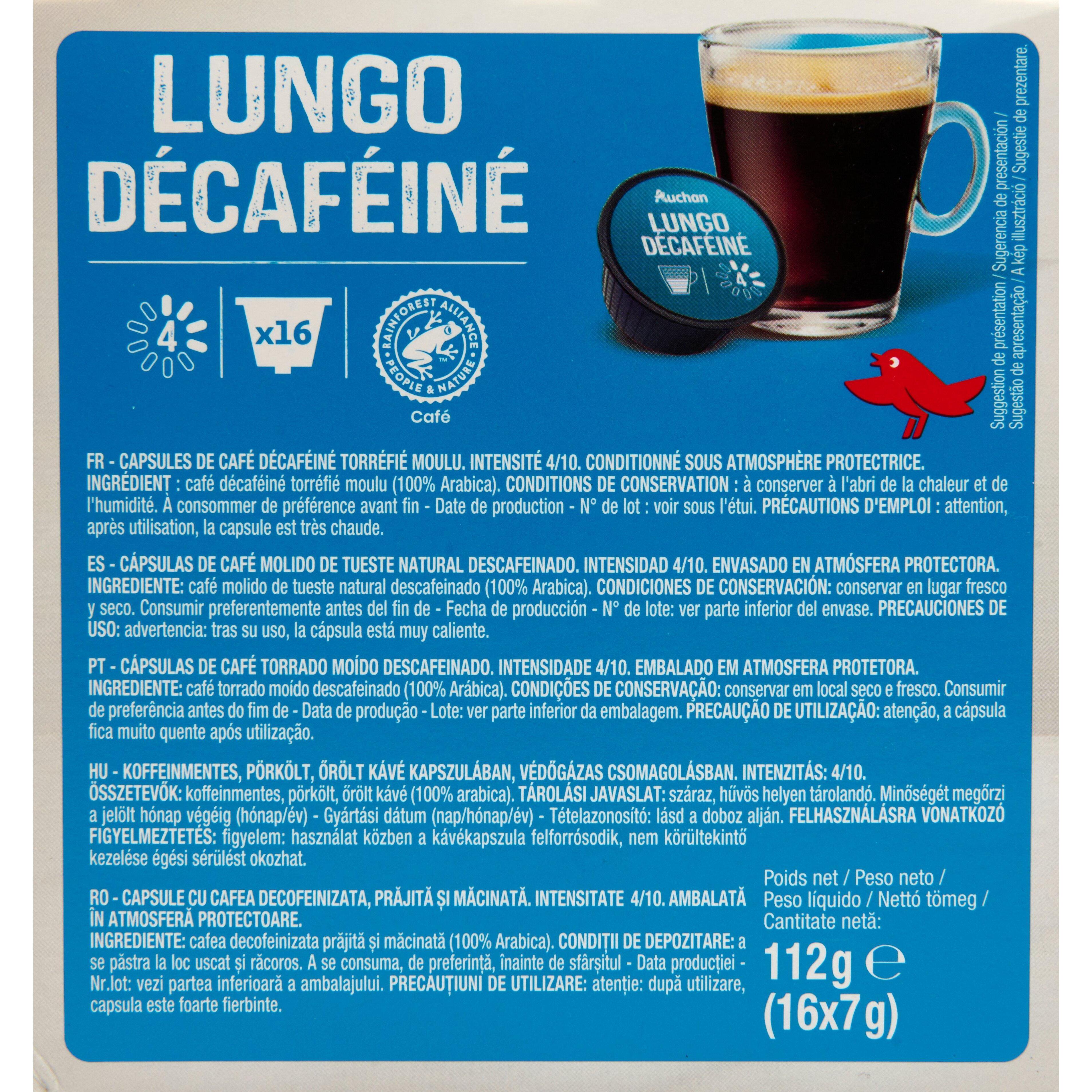 Voir la diapositive 3 : AUCHAN Capsules de café lungo décaféiné intensité 4 16 capsules 112g
