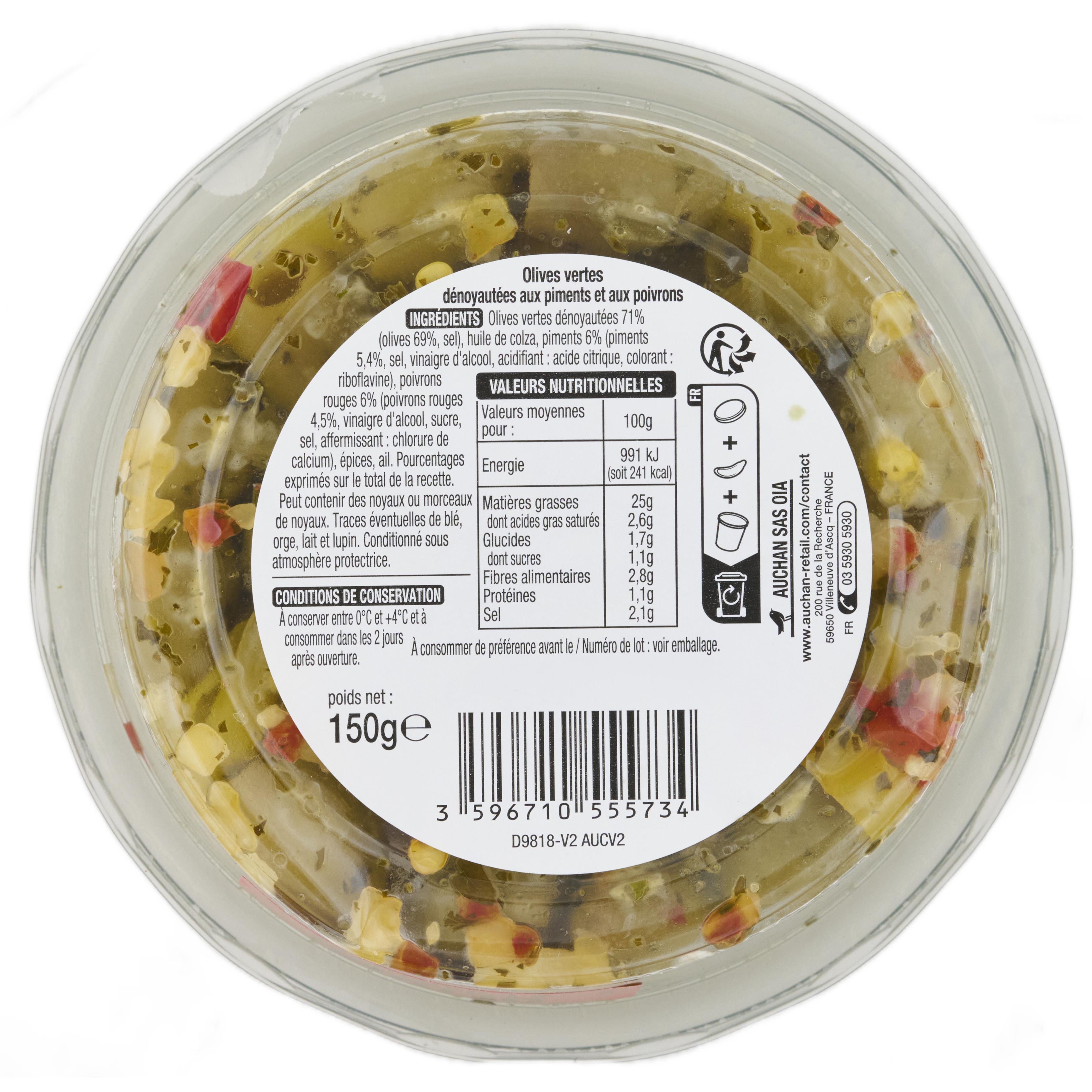 Voir la diapositive 2 : AUCHAN Olives vertes dénoyautées à l'orientale 150g