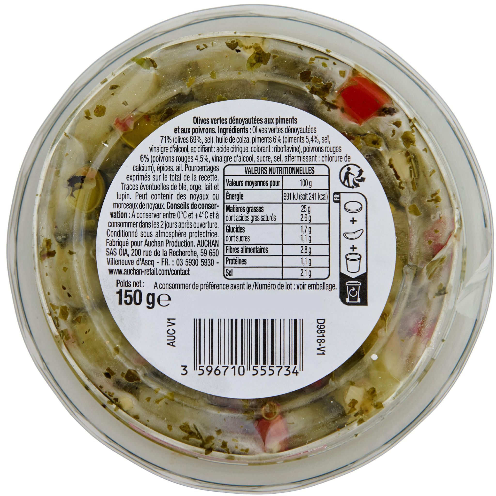 Voir la diapositive 2 : AUCHAN Olives vertes dénoyautées à l'orientale 150g