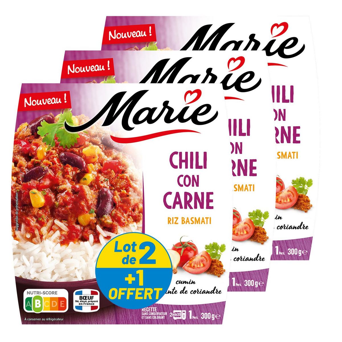 MARIE Chili con carne au riz basmati au cumin et à la coriandre 2+1 offert 3x300g