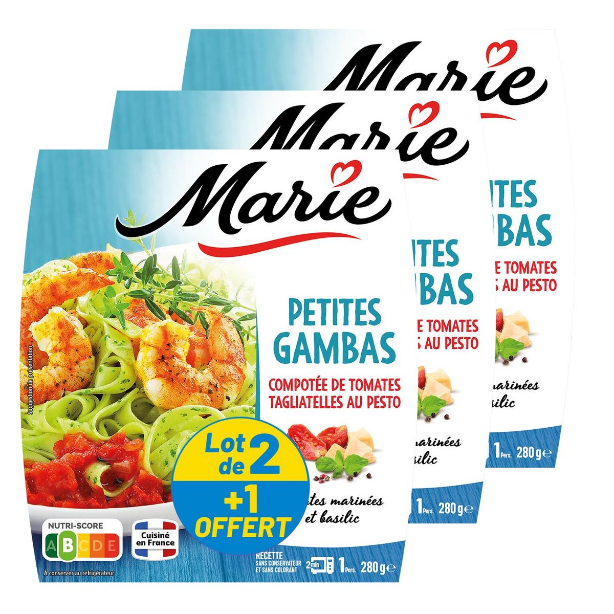 MARIE Tagliatelles aux petites gambas compotée de tomates pesto tomates marinées et basilic 2+1 offert 3x280g