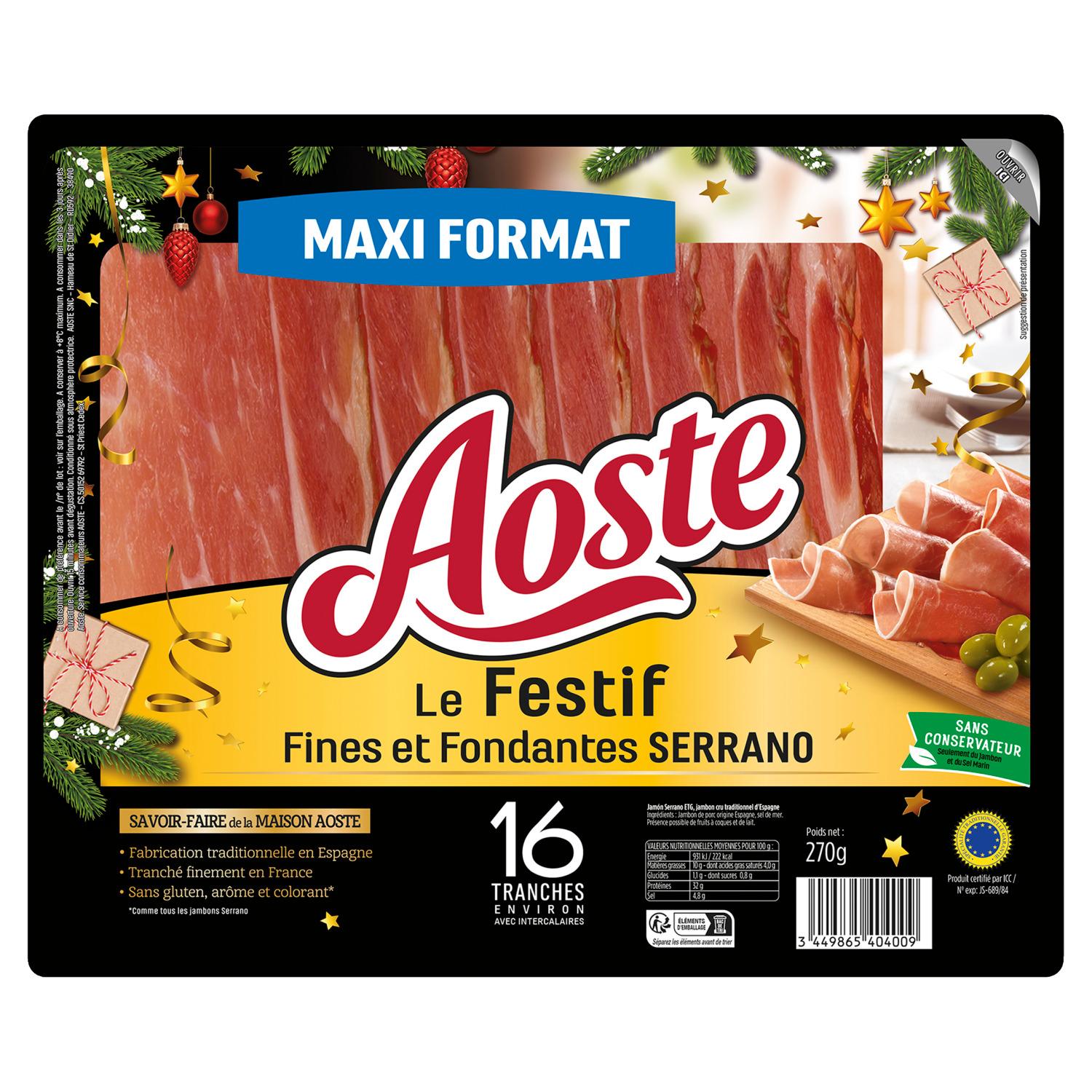 AOSTE Jambon cru tranches fines et fondantes serrano 16 tranches environ 270g