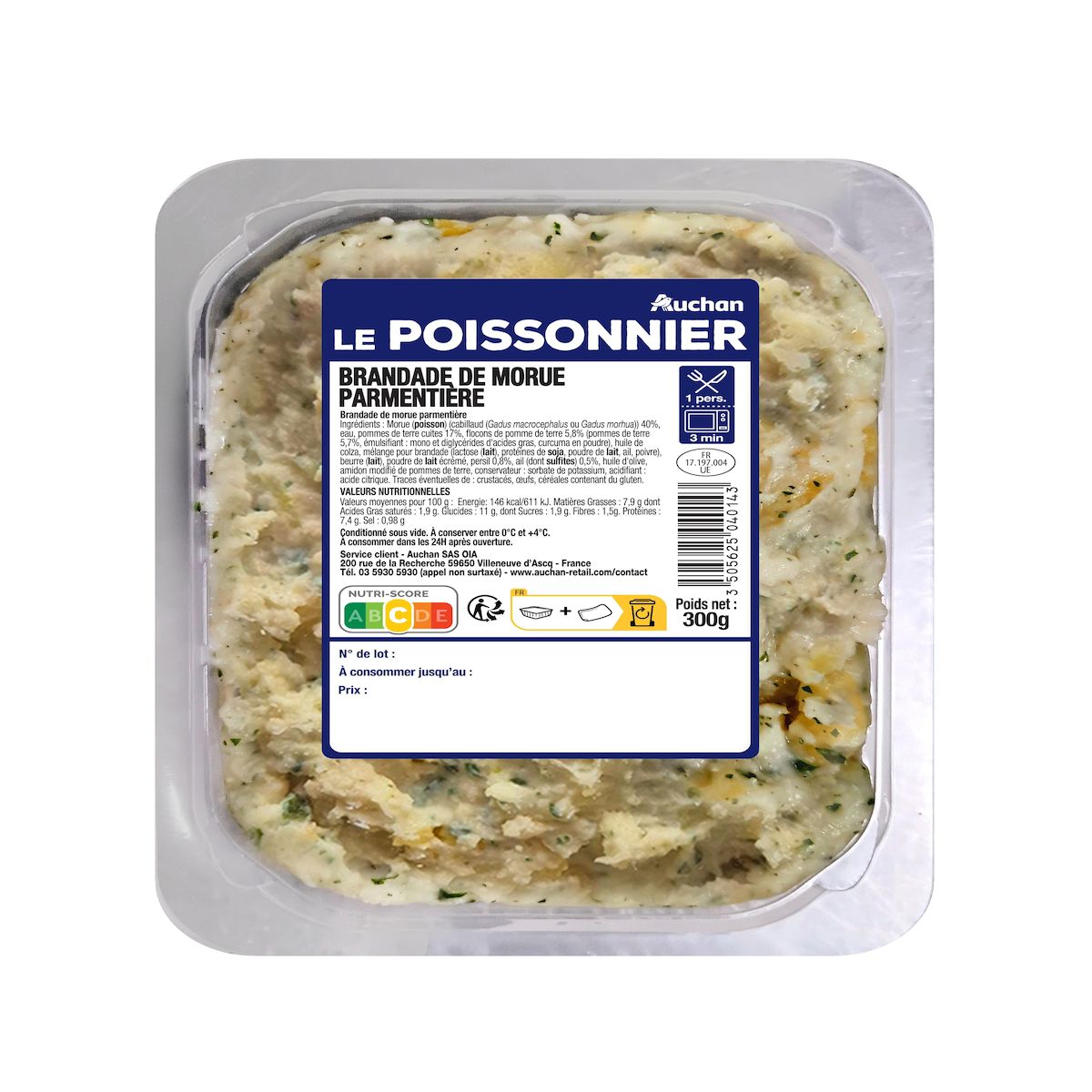 AUCHAN LE POISSONNIER Brandade de morue parmentière 1 part 300 g