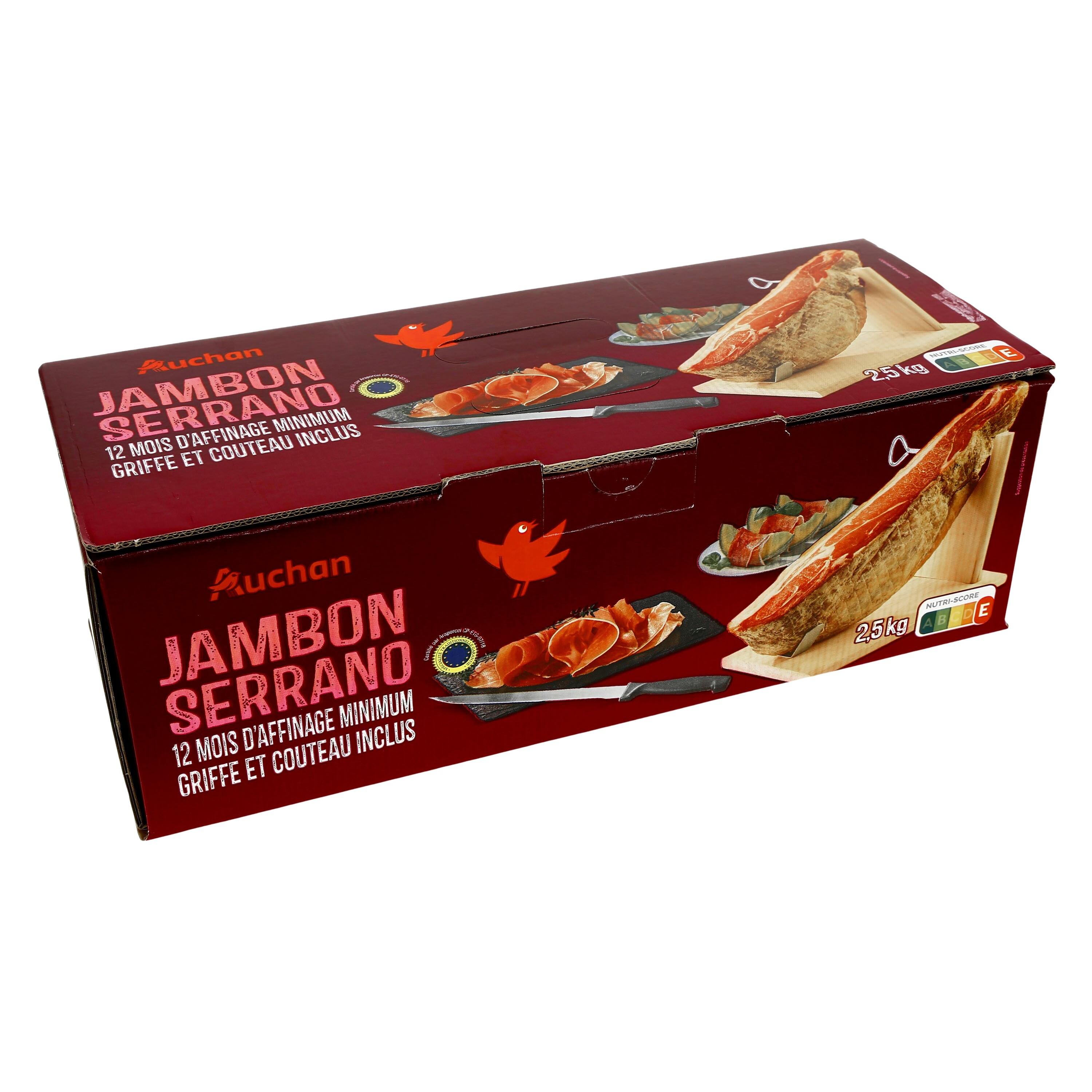 Voir la diapositive 3 : AUCHAN Jambon serrano STG affiné 12 mois griffe et couteau inclus 2.5kg