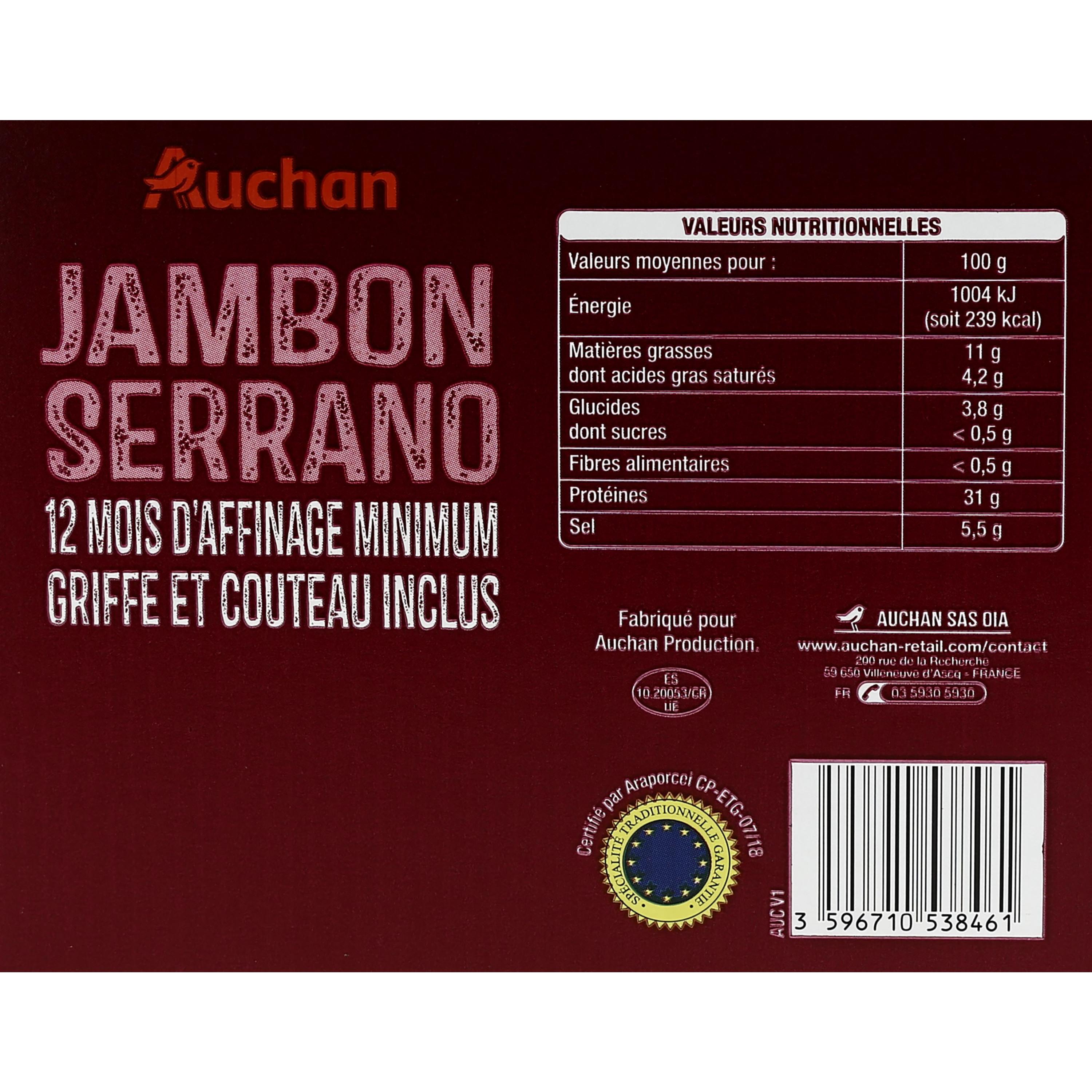 Voir la diapositive 4 : AUCHAN Jambon serrano STG affiné 12 mois griffe et couteau inclus 2.5kg