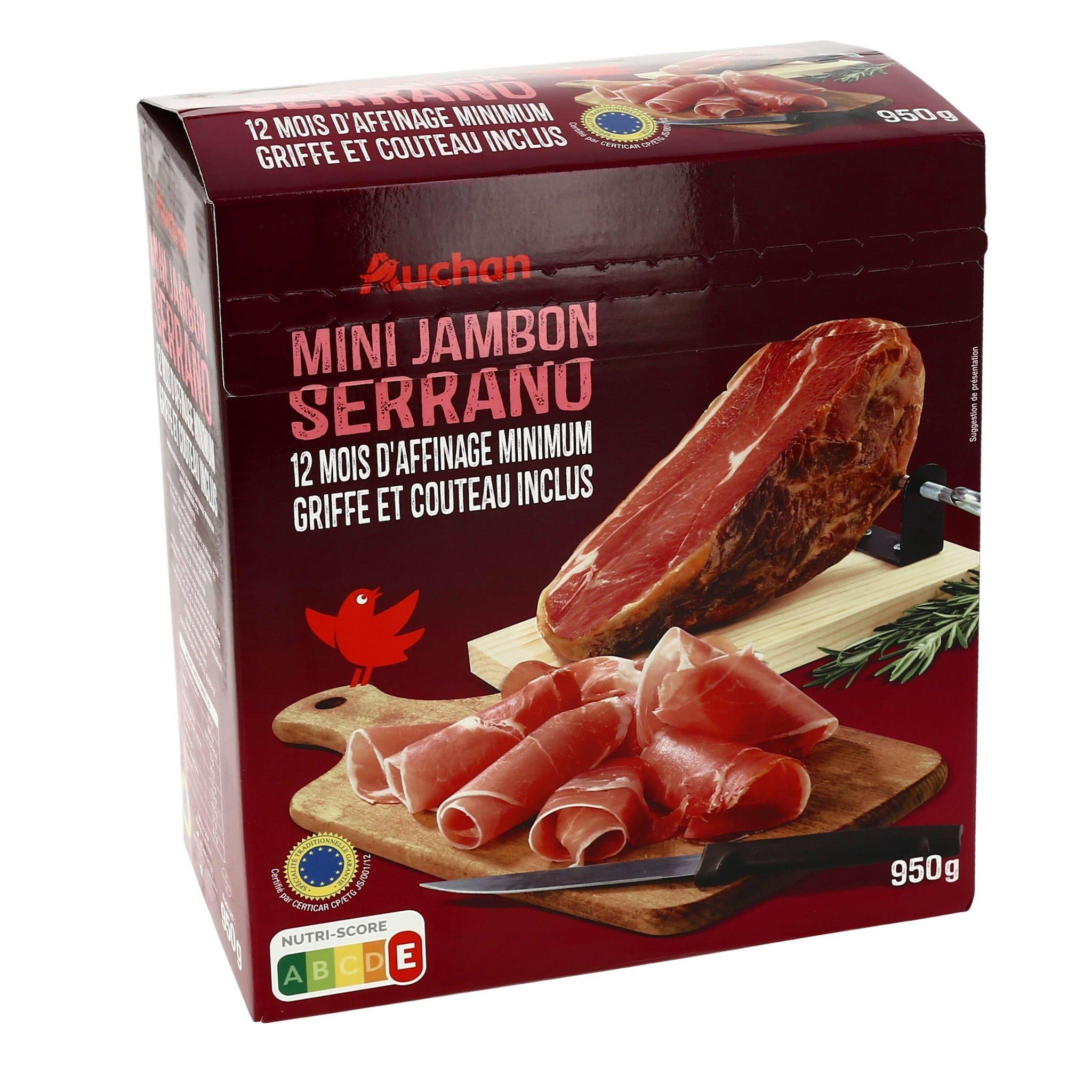 Voir la diapositive 2 : AUCHAN Jambon serrano STG affiné 12 mois griffe et couteau inclus 950g