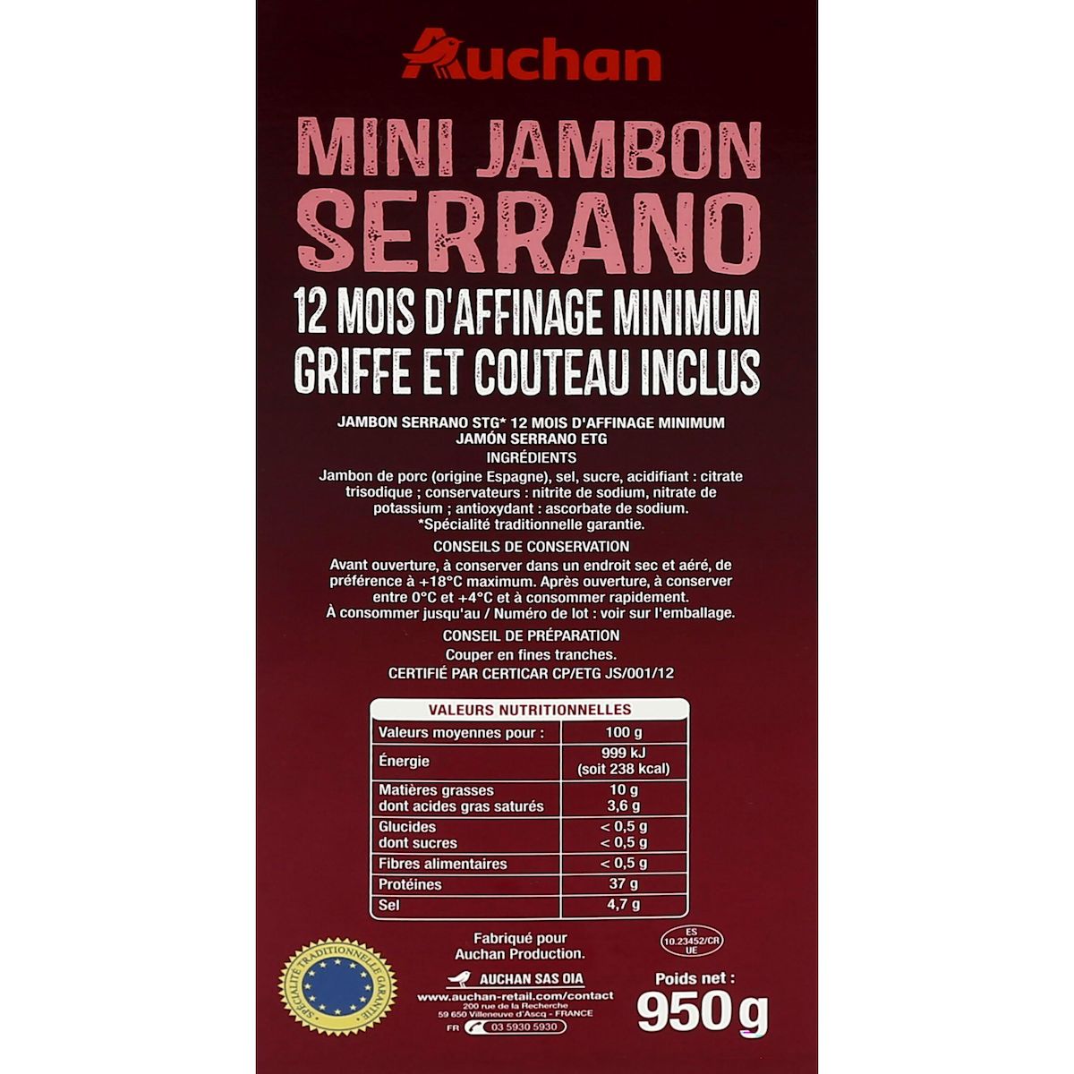 AUCHAN Jambon serrano STG affiné 12 mois griffe et couteau inclus 950g