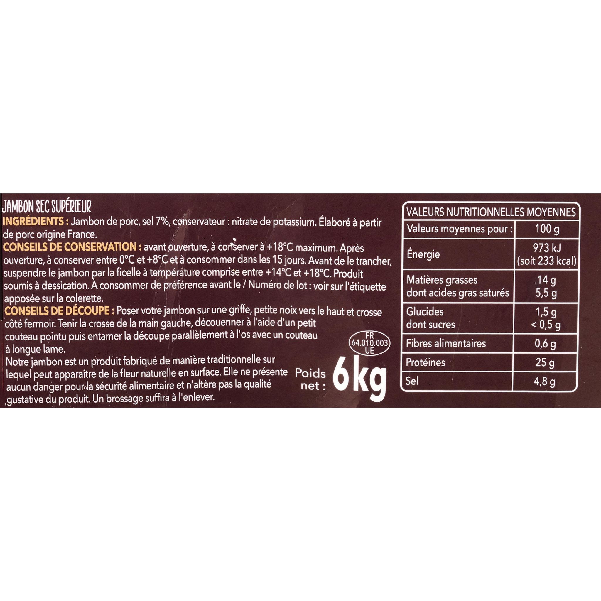 Voir la diapositive 2 : AUCHAN TERROIR Jambon des Pyrénées entier 7 mois d'affinage minimum 1 pièce 6kg