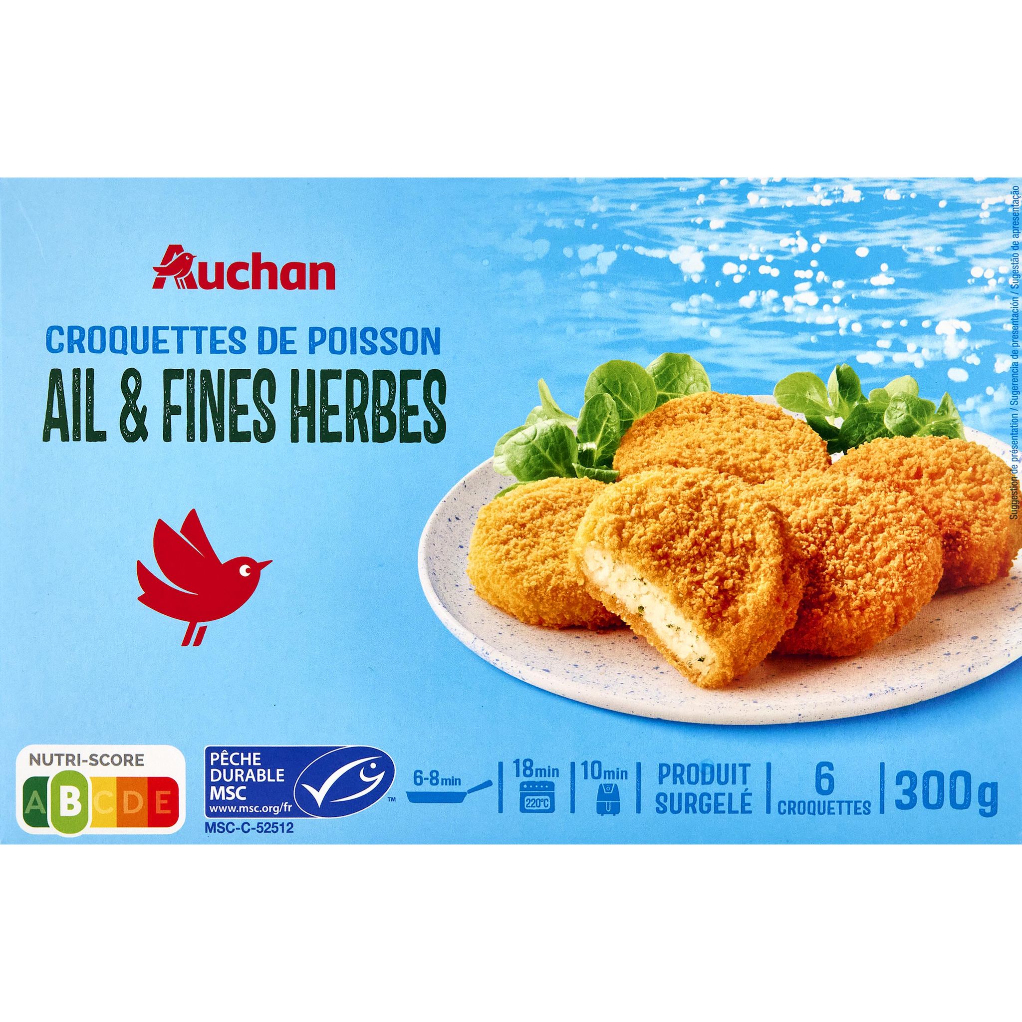 AUCHAN Croquettes de poisson ail et fines herbes 6 pièces 300g