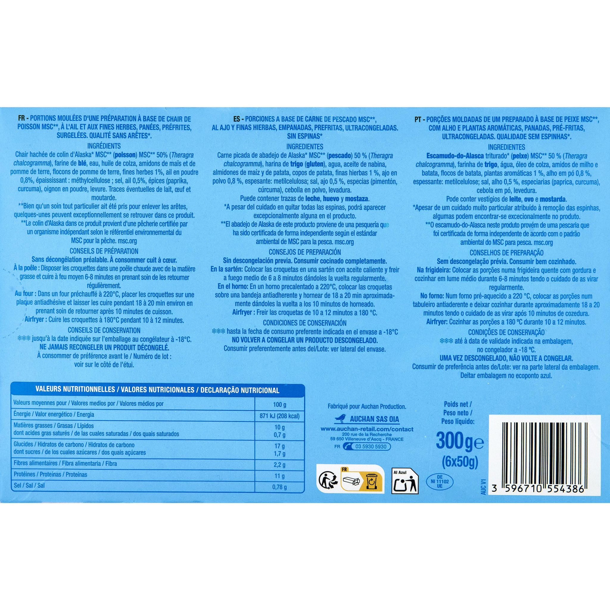 Voir la diapositive 3 : AUCHAN Croquettes de poisson ail et fines herbes 6 pièces 300g