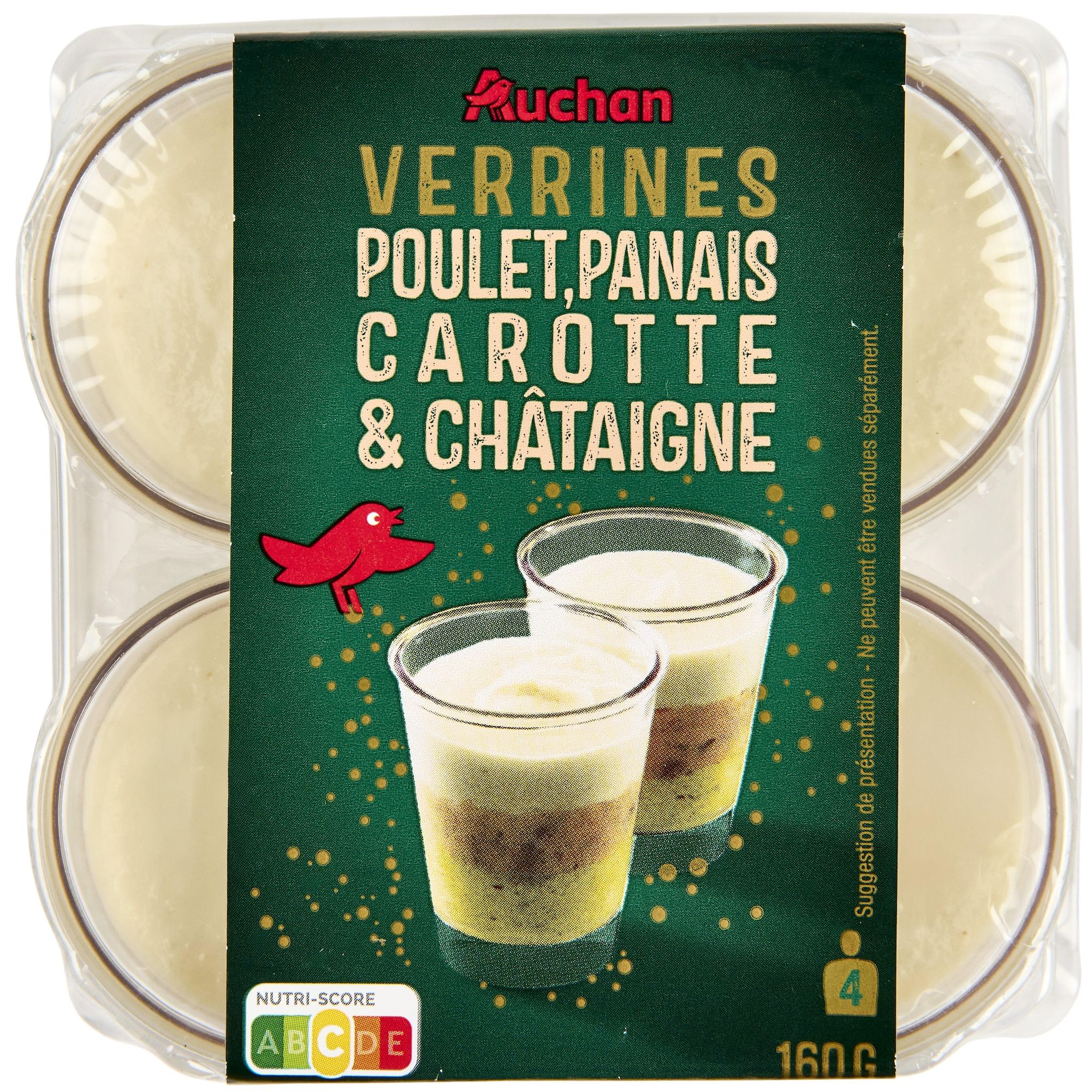 AUCHAN Verrines poulet, panais, carotte et châtaigne 4 pièces 160g