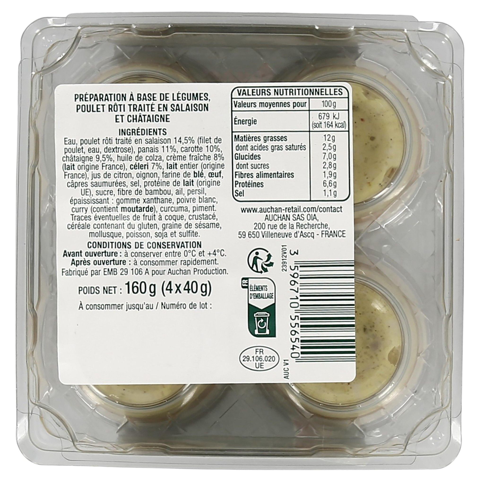 Voir la diapositive 2 : AUCHAN Verrines poulet, panais, carotte et châtaigne 4 pièces 160g