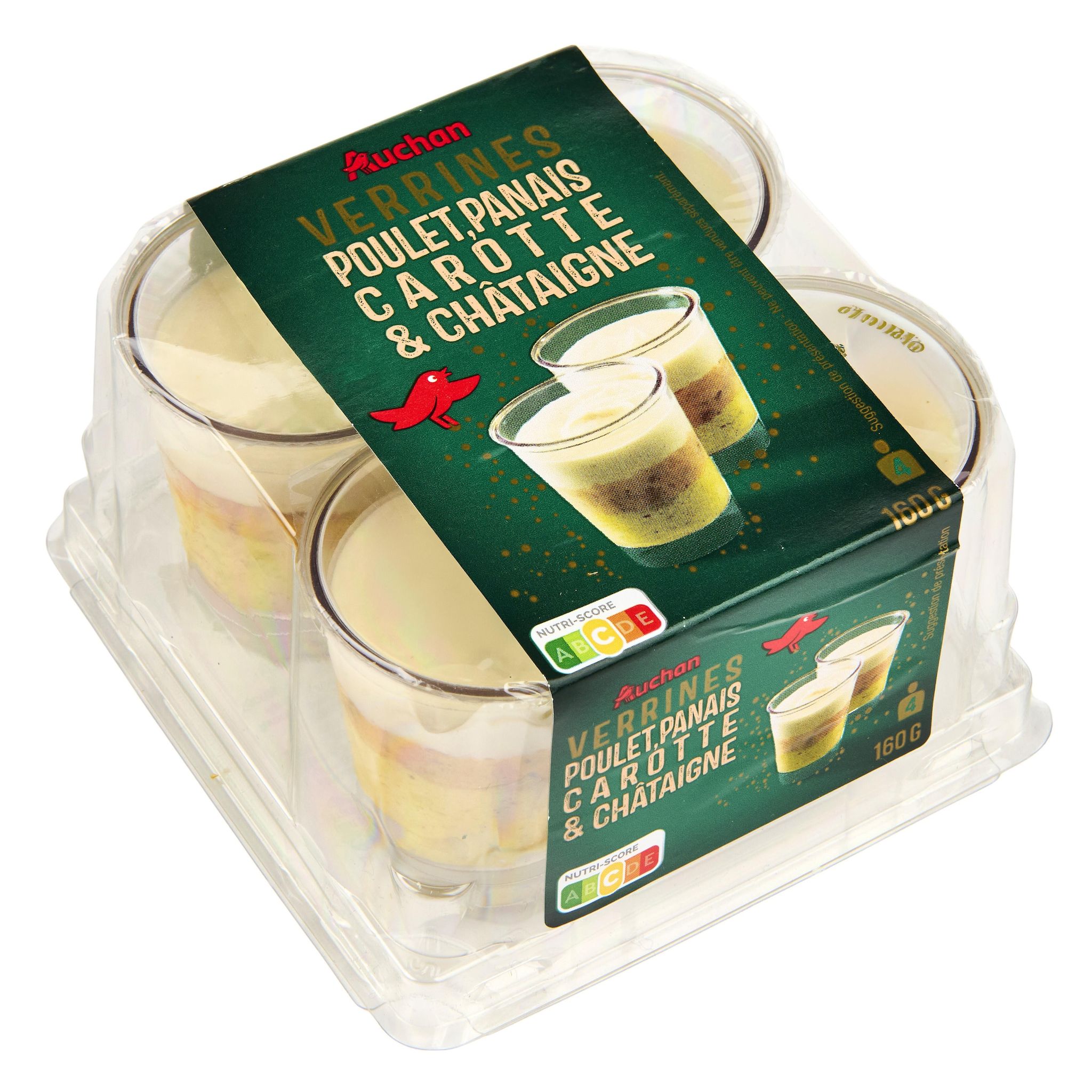 Voir la diapositive 3 : AUCHAN Verrines poulet, panais, carotte et châtaigne 4 pièces 160g
