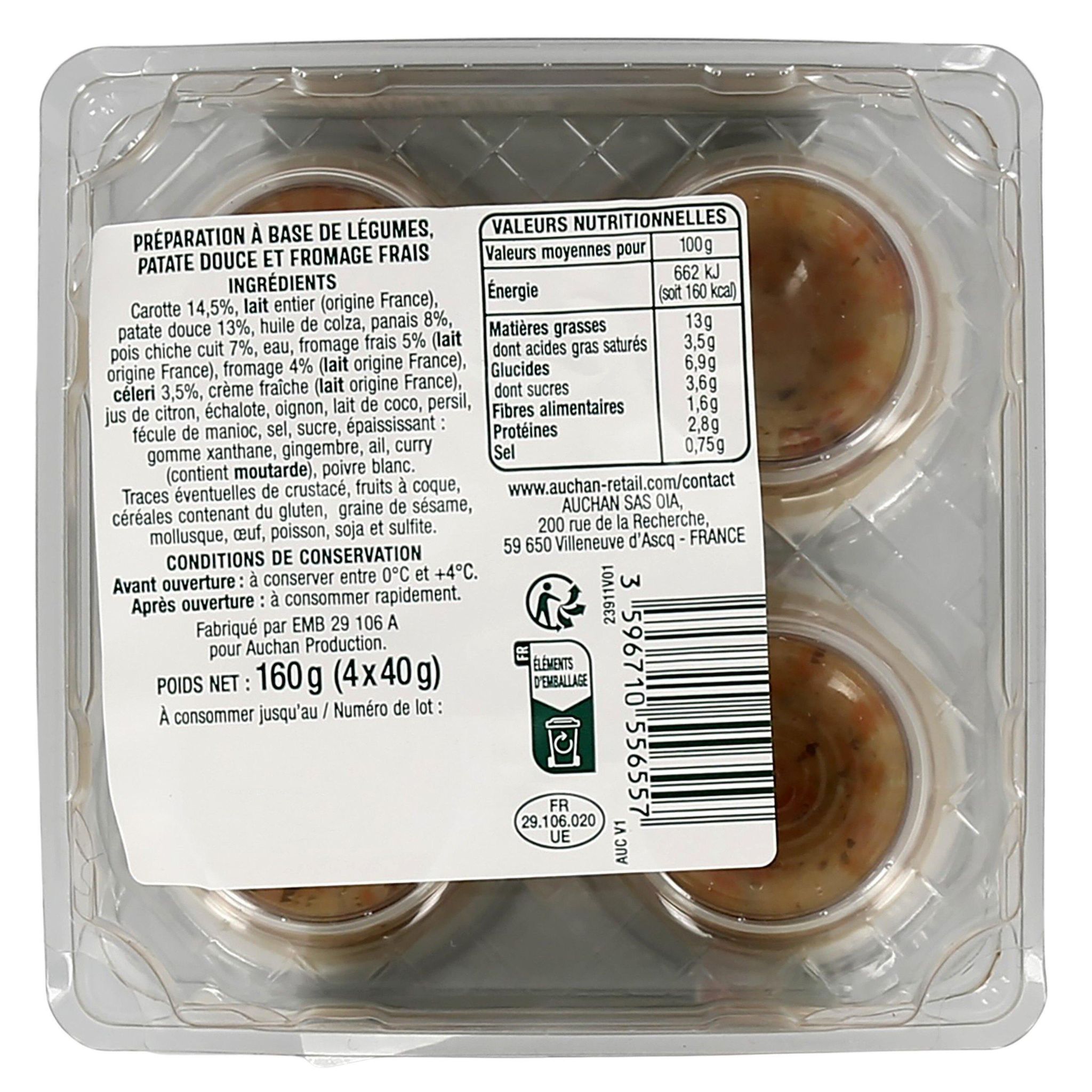 Voir la diapositive 3 : AUCHAN Verrines patate douce fromage légumes 4 pièces 160g