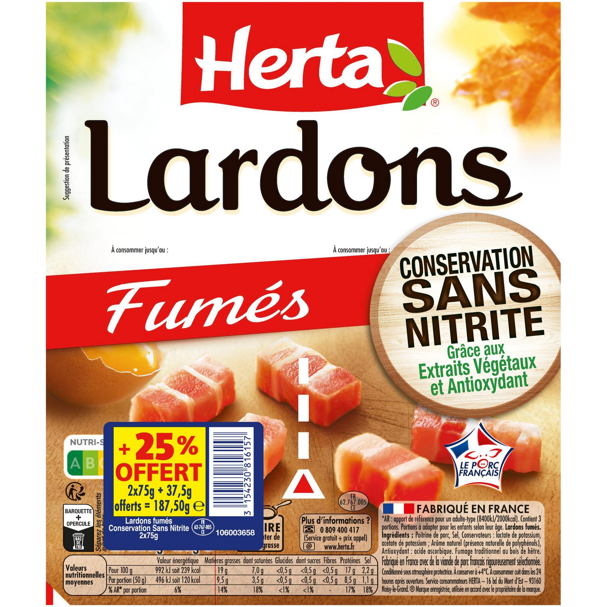 HERTA Lardons fumés sans nitrite 2x75g + 25% offert 187,5g