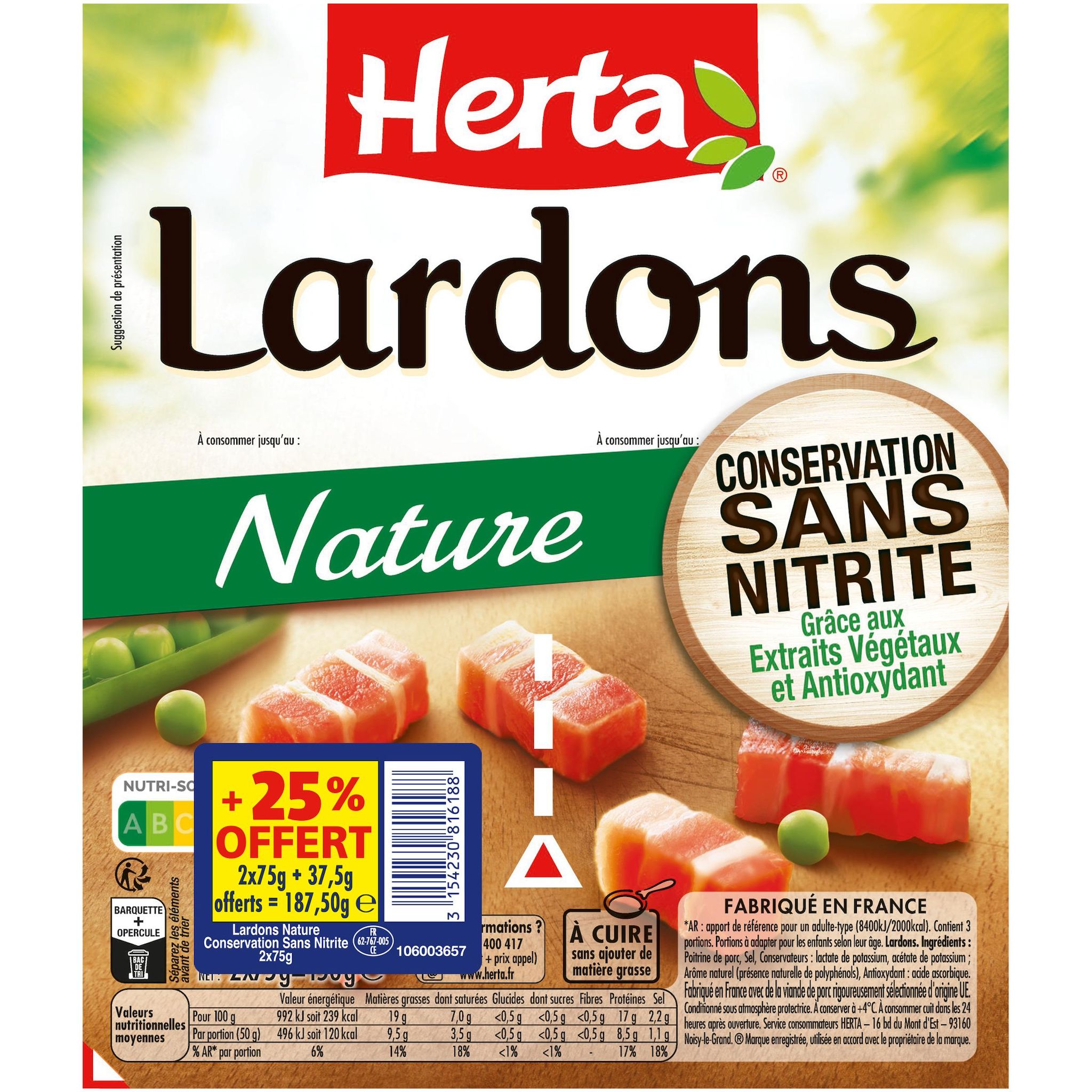 HERTA Lardons nature sans nitrite 2x75g + 25% offert 187,5g