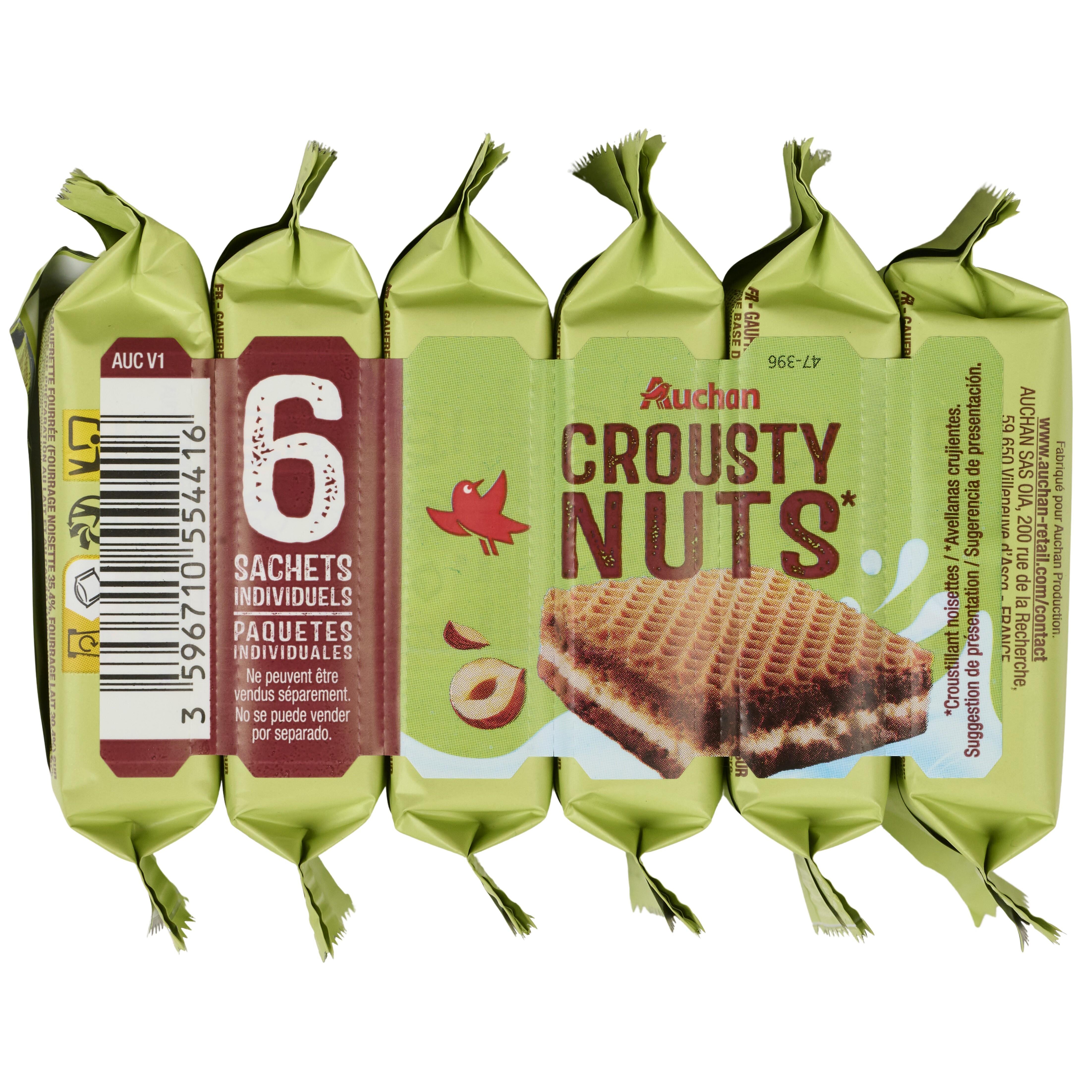 AUCHAN Gaufrettes crousty nuts fourrées au chocolat au lait et noisettes 6x25g 150g