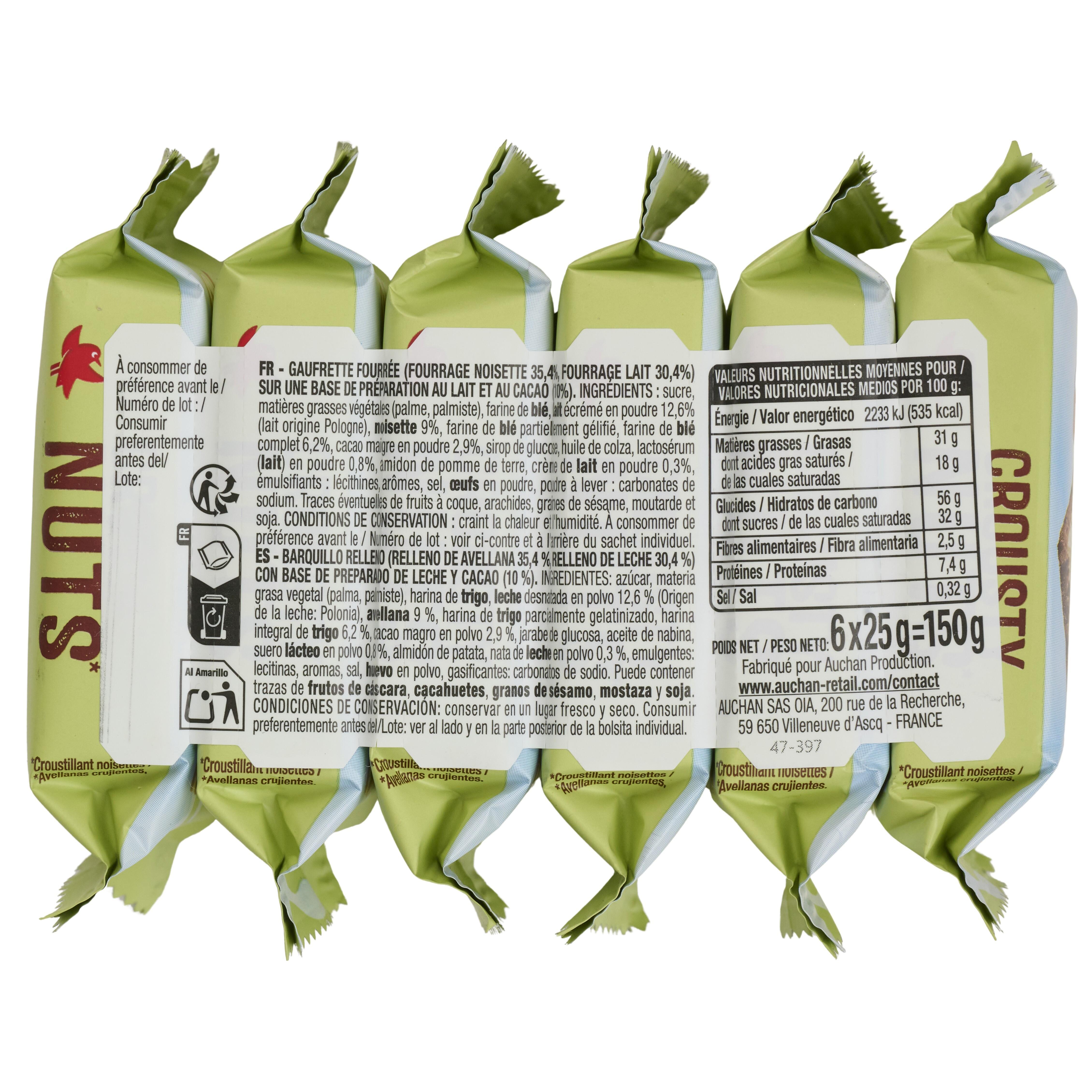 Voir la diapositive 3 : AUCHAN Gaufrettes crousty nuts fourrées au chocolat au lait et noisettes 6x25g 150g