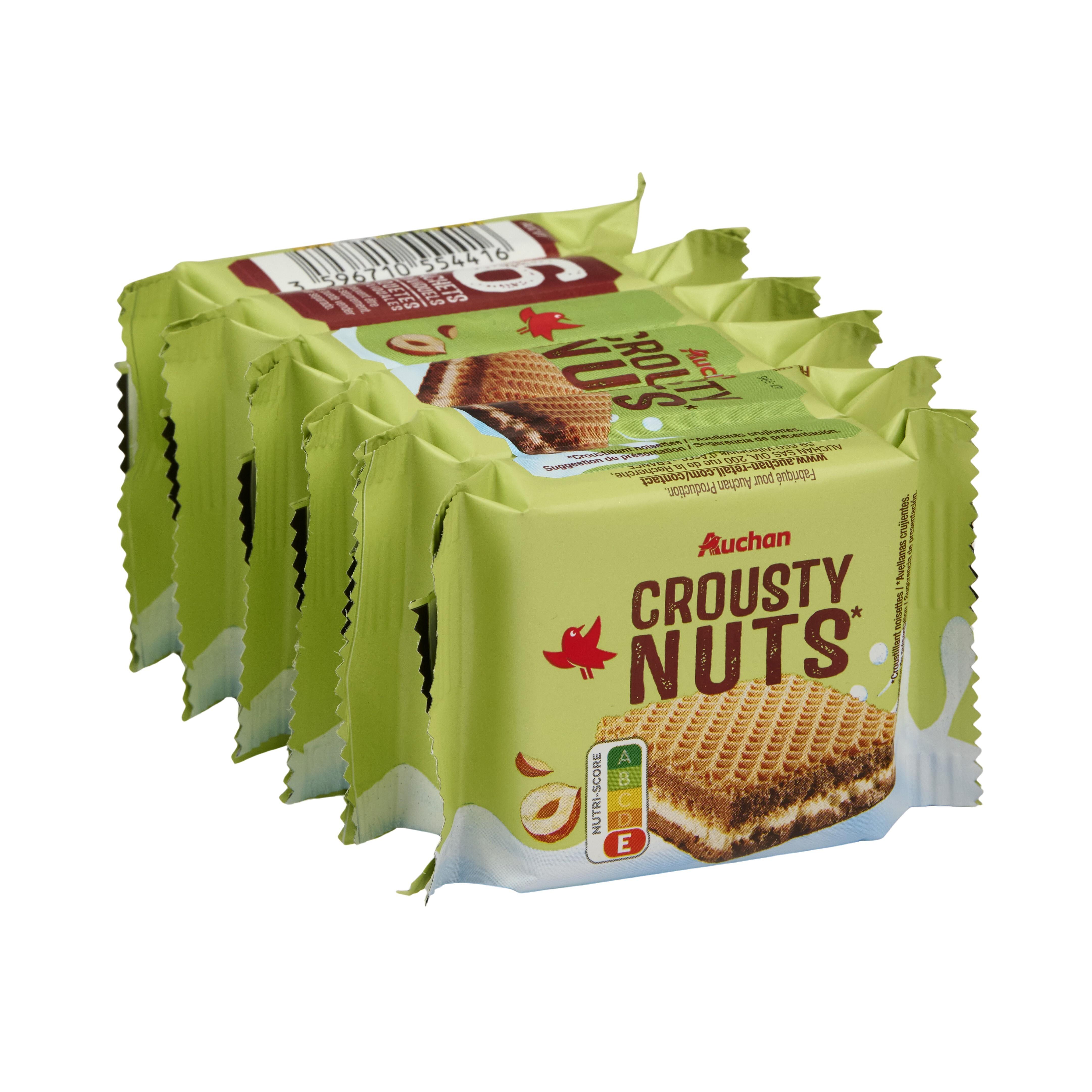 Voir la diapositive 4 : AUCHAN Gaufrettes crousty nuts fourrées au chocolat au lait et noisettes 6x25g 150g