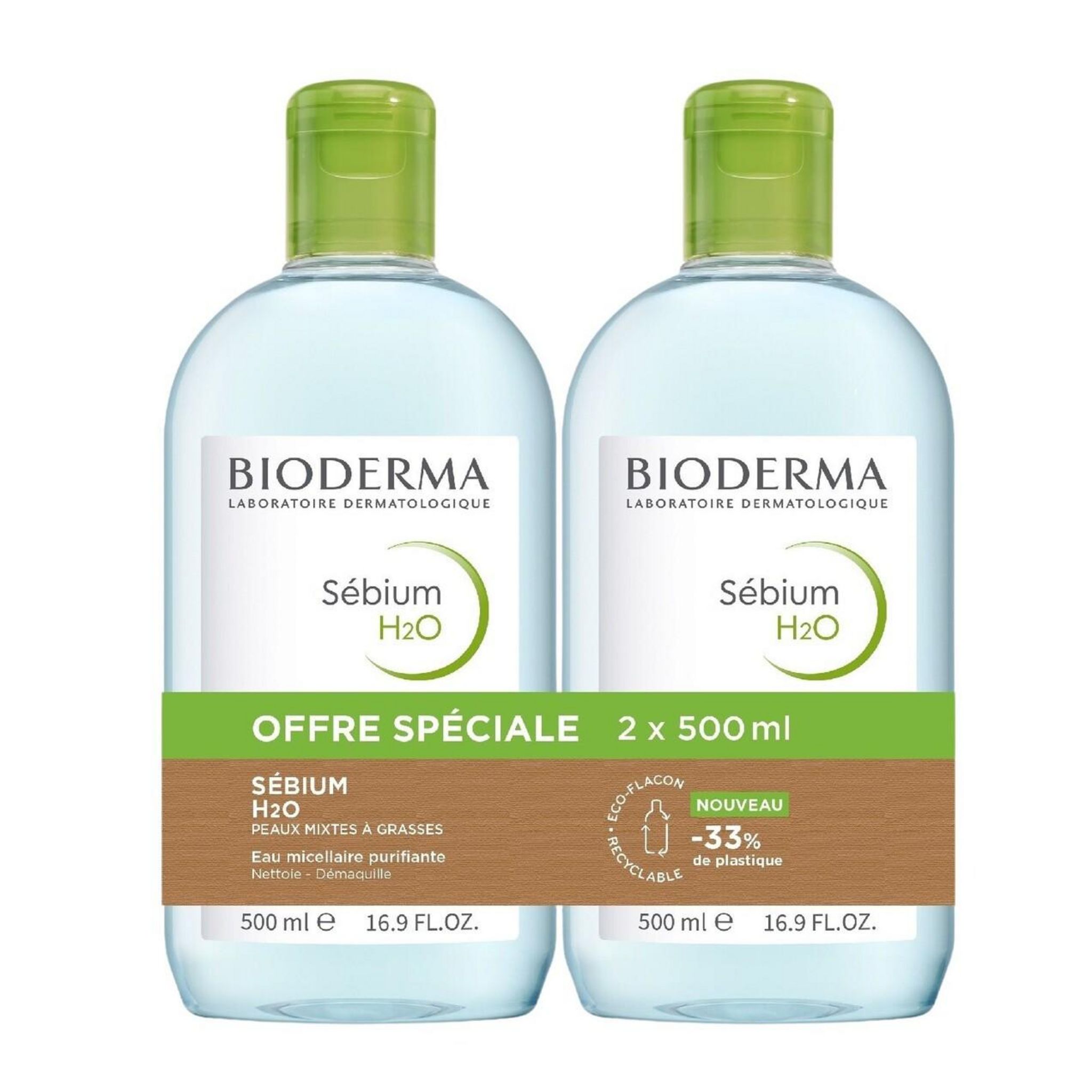 BIODERMA Sébium H2O Eau micellaire peaux mixtes à grasses 2x500ml