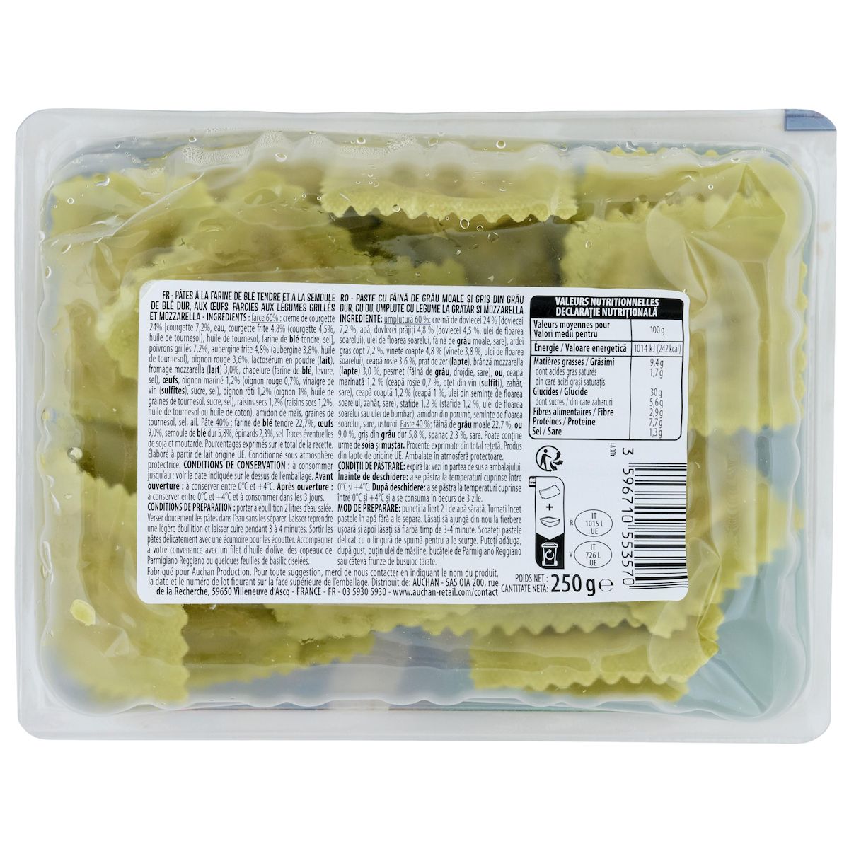 AUCHAN Ravioli crème de courgette et légumes 2 parts 250g