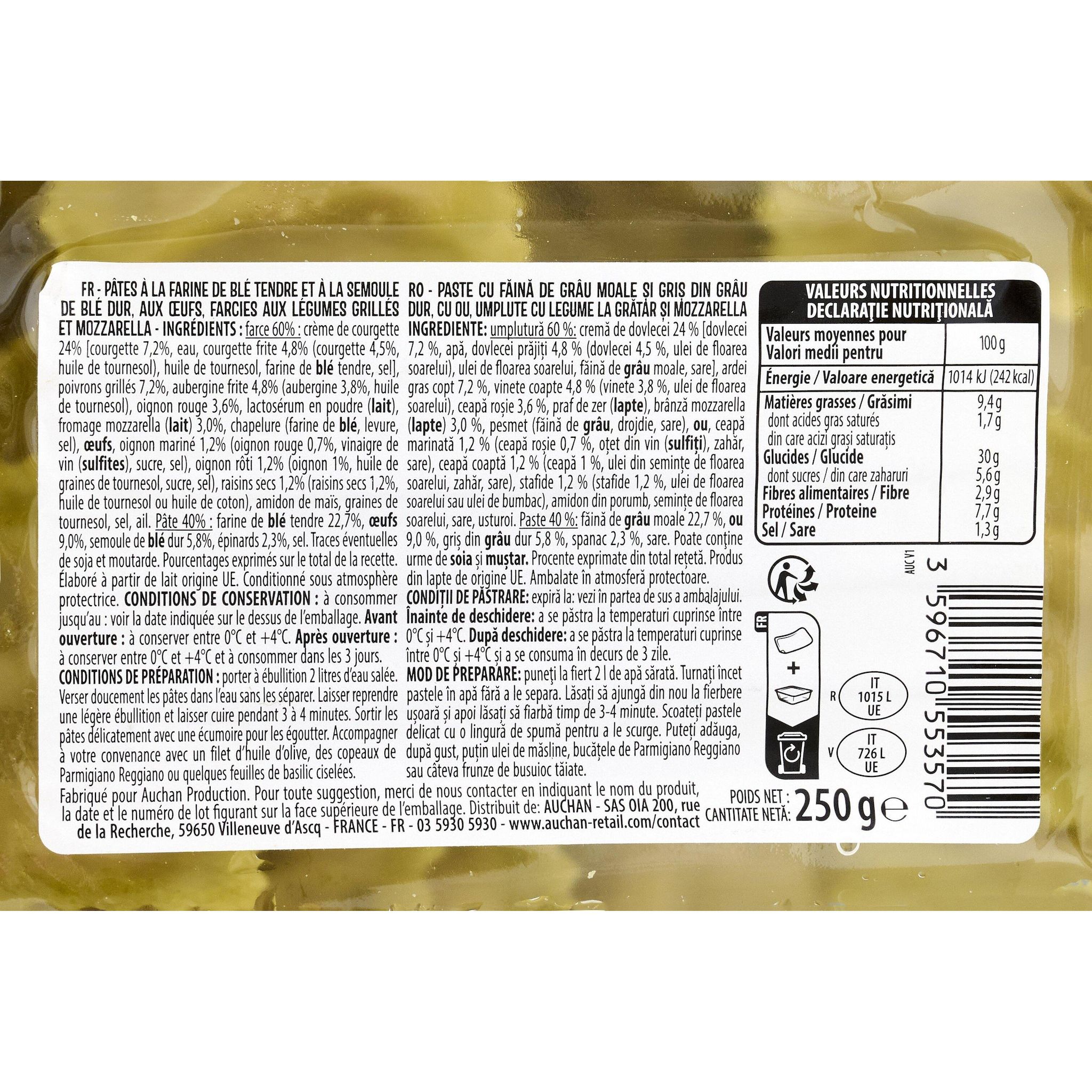 Voir la diapositive 2 : AUCHAN Ravioli crème de courgette et légumes 2 parts 250g