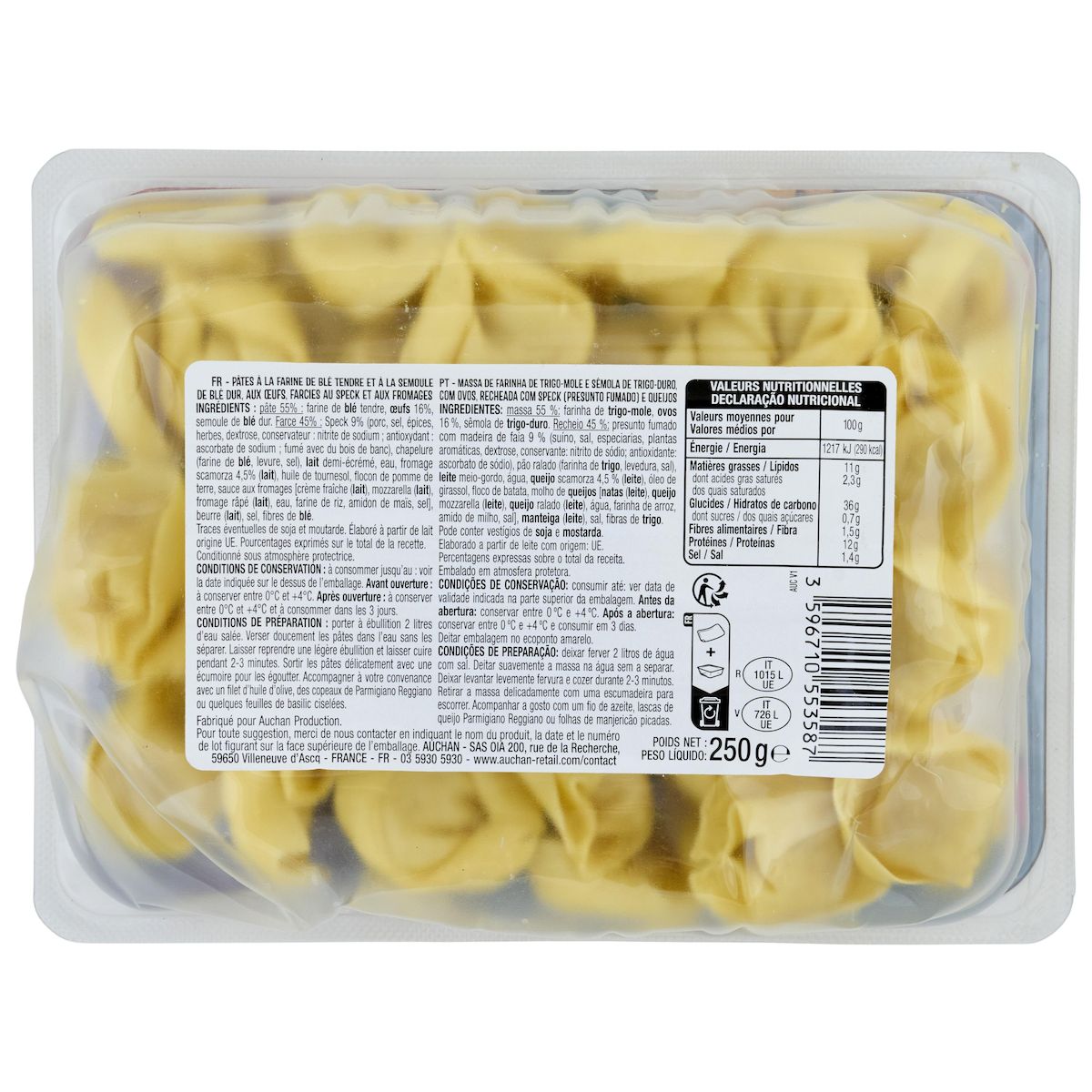 AUCHAN Tortelloni speck fromages 2 parts 250g