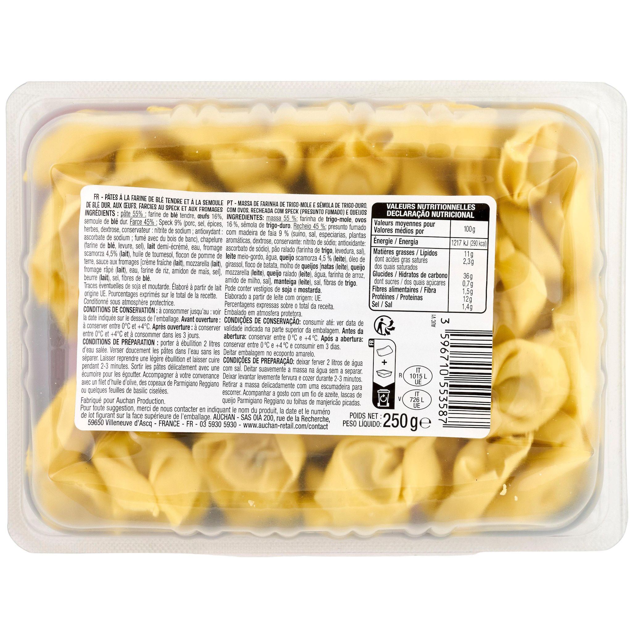 Voir la diapositive 2 : AUCHAN Tortelloni speck fromages 2 parts 250g
