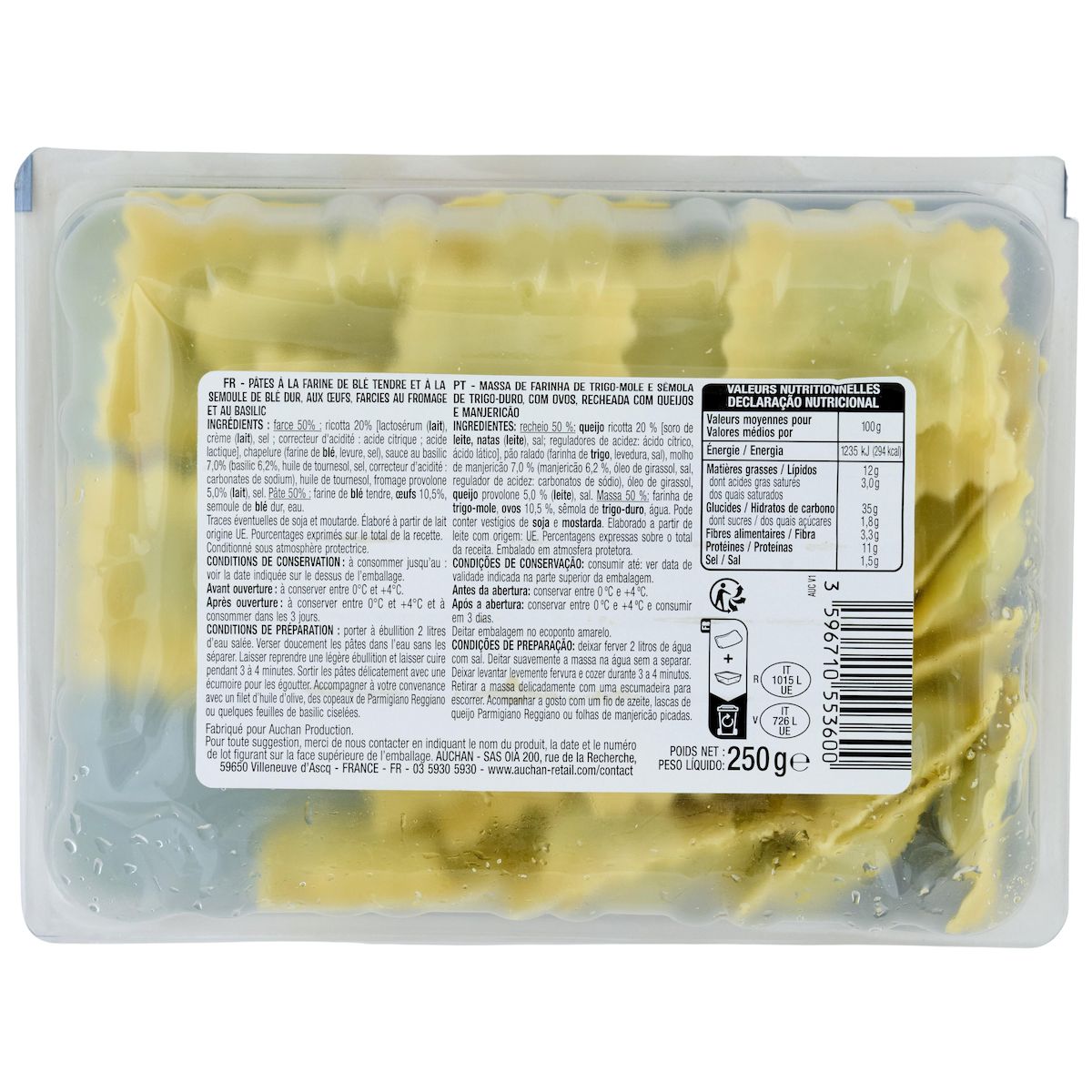 AUCHAN Ravioli fromages basilic 2 parts 250g