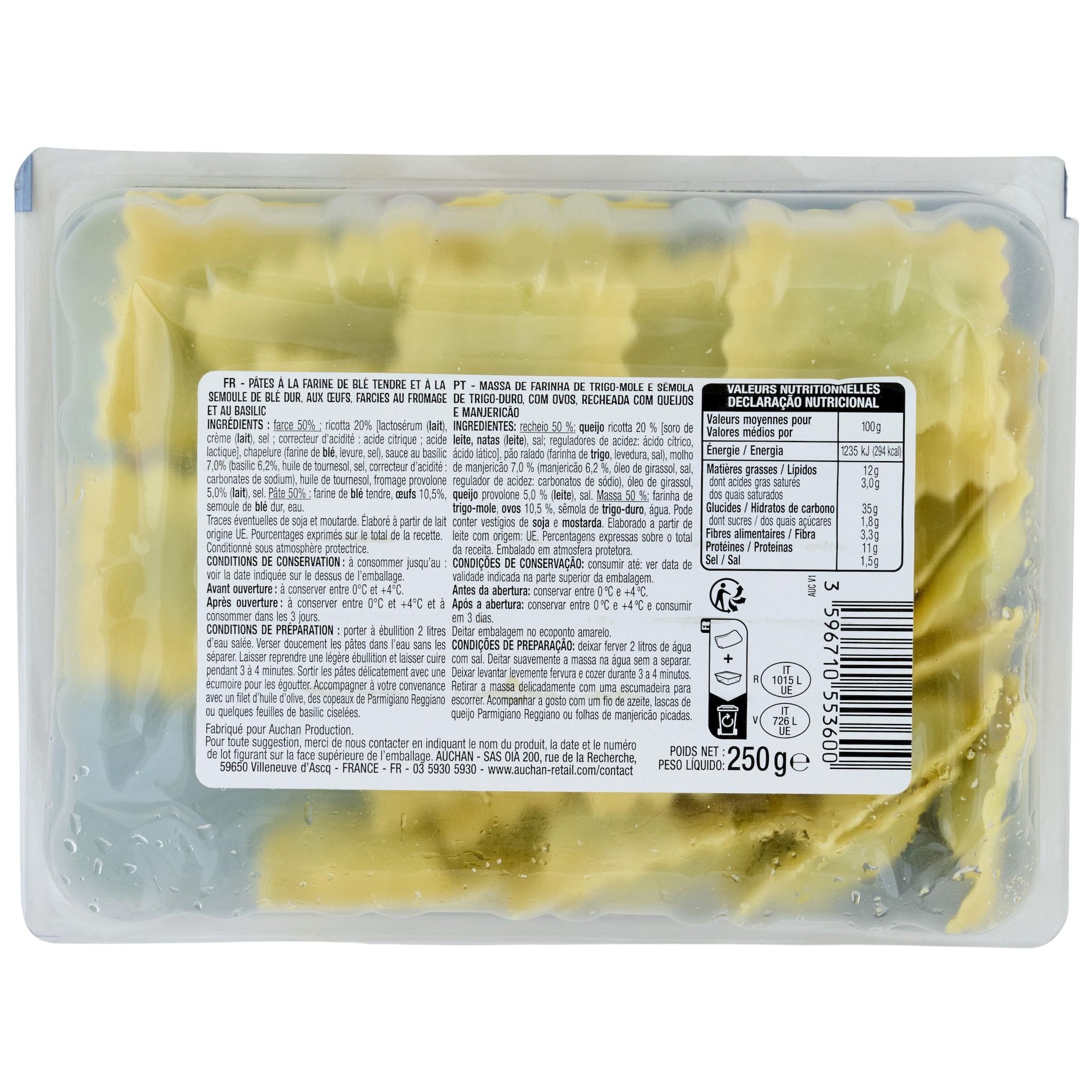 Voir la diapositive 2 : AUCHAN Ravioli fromages basilic 2 parts 250g
