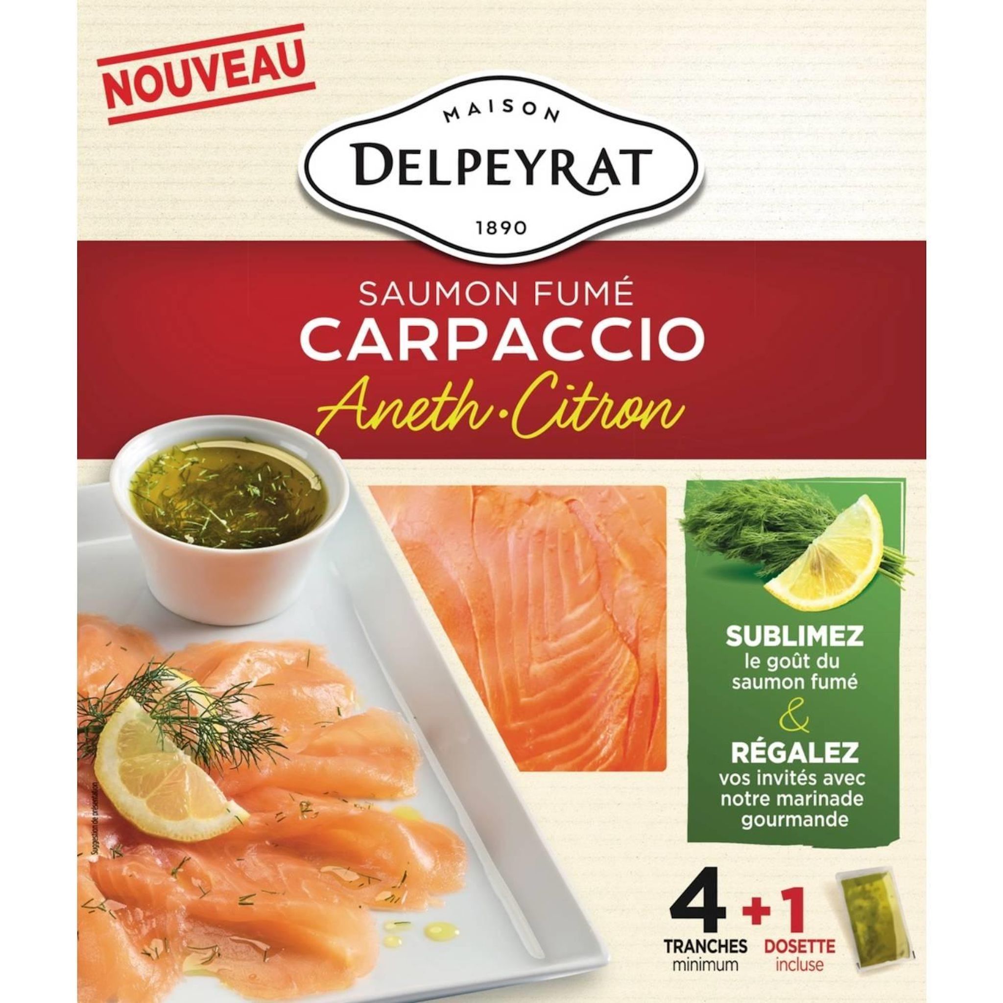 DELPEYRAT Saumon fumé carpaccio aneth et citron 4 tranches + 1 dosette 140g
