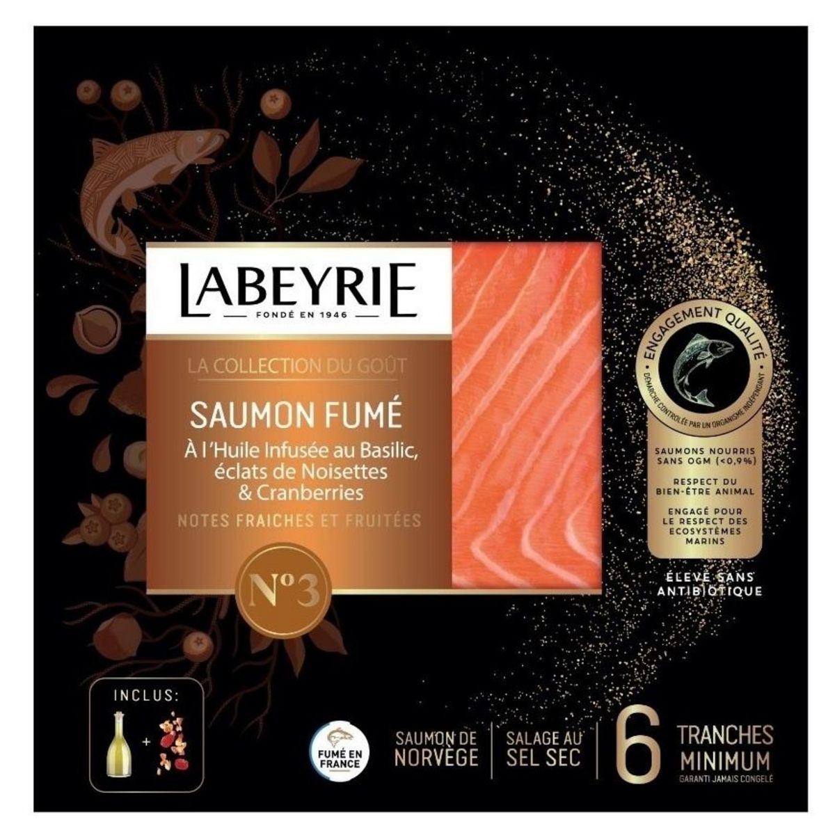 LABEYRIE Saumon fumé de Norvège avec bouteille d'huile infusée au basilic et sachet de noisette grillée et cranberry 6 tranches 210g