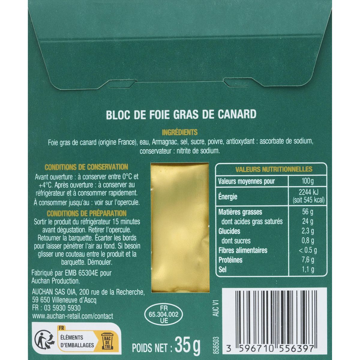 AUCHAN Bloc foie gras de canard france 1 part 35g