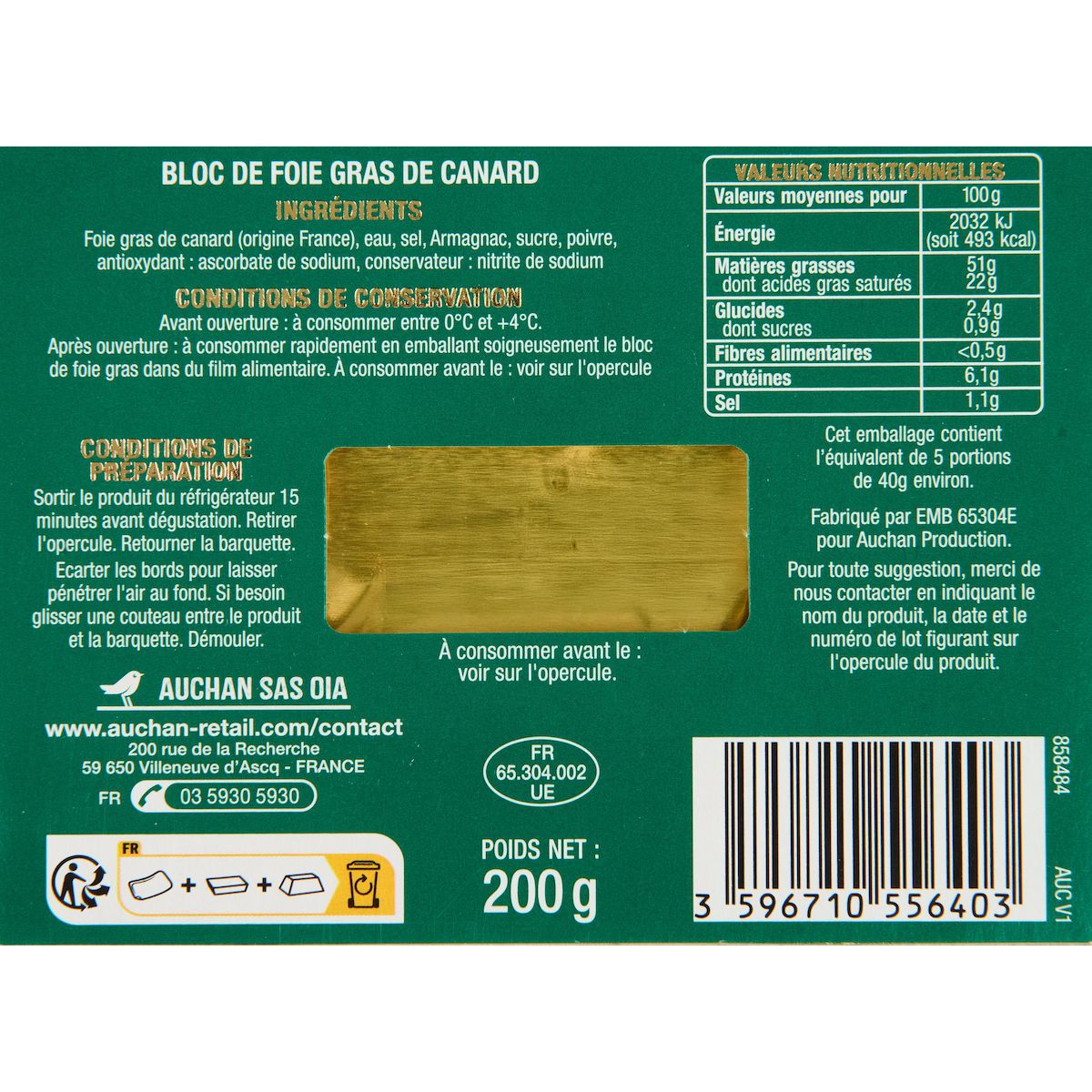 AUCHAN Bloc de foie gras de canard de France 5 tranches 200g