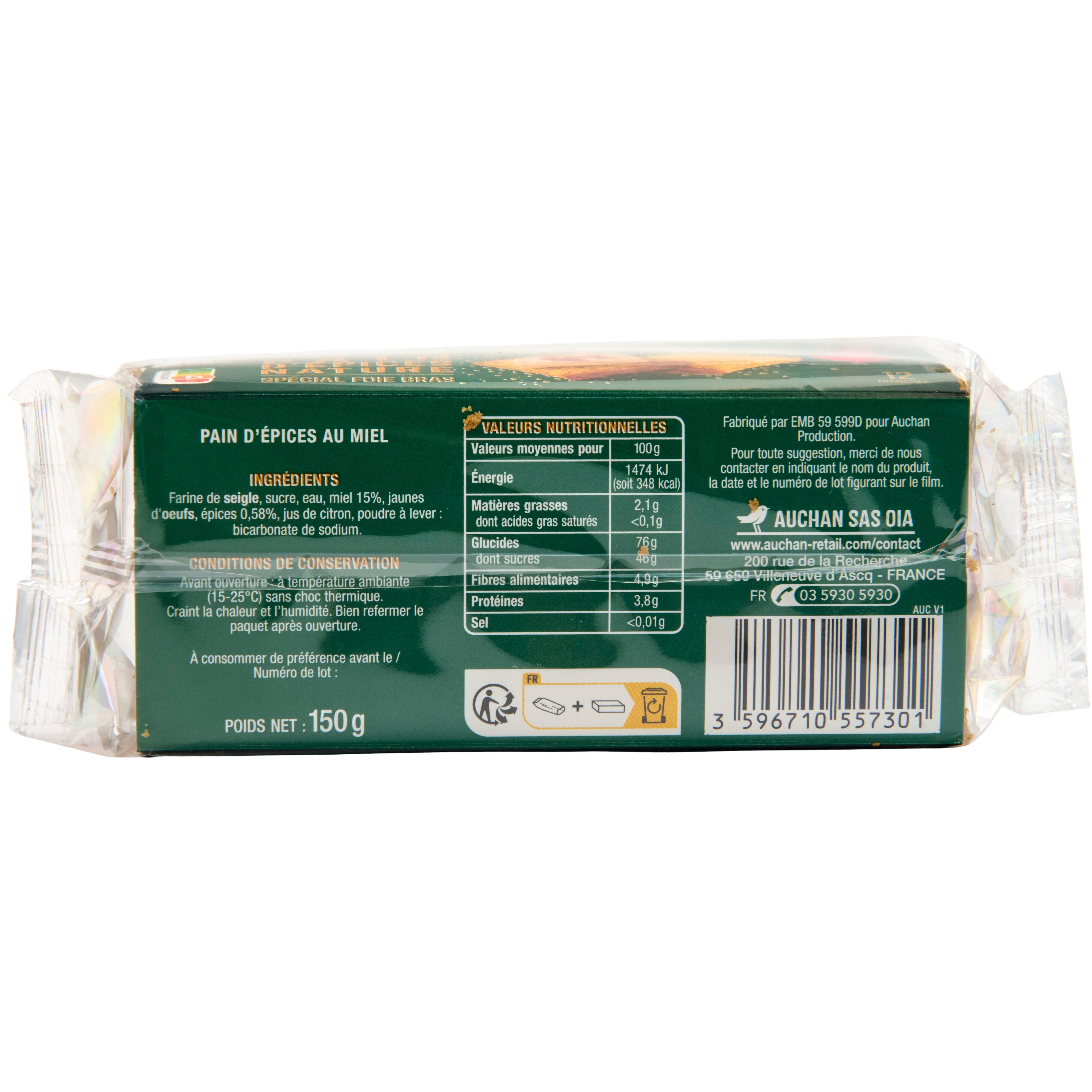Voir la diapositive 2 : AUCHAN Pain d'épices nature spécial foie gras 12 tranches 150g