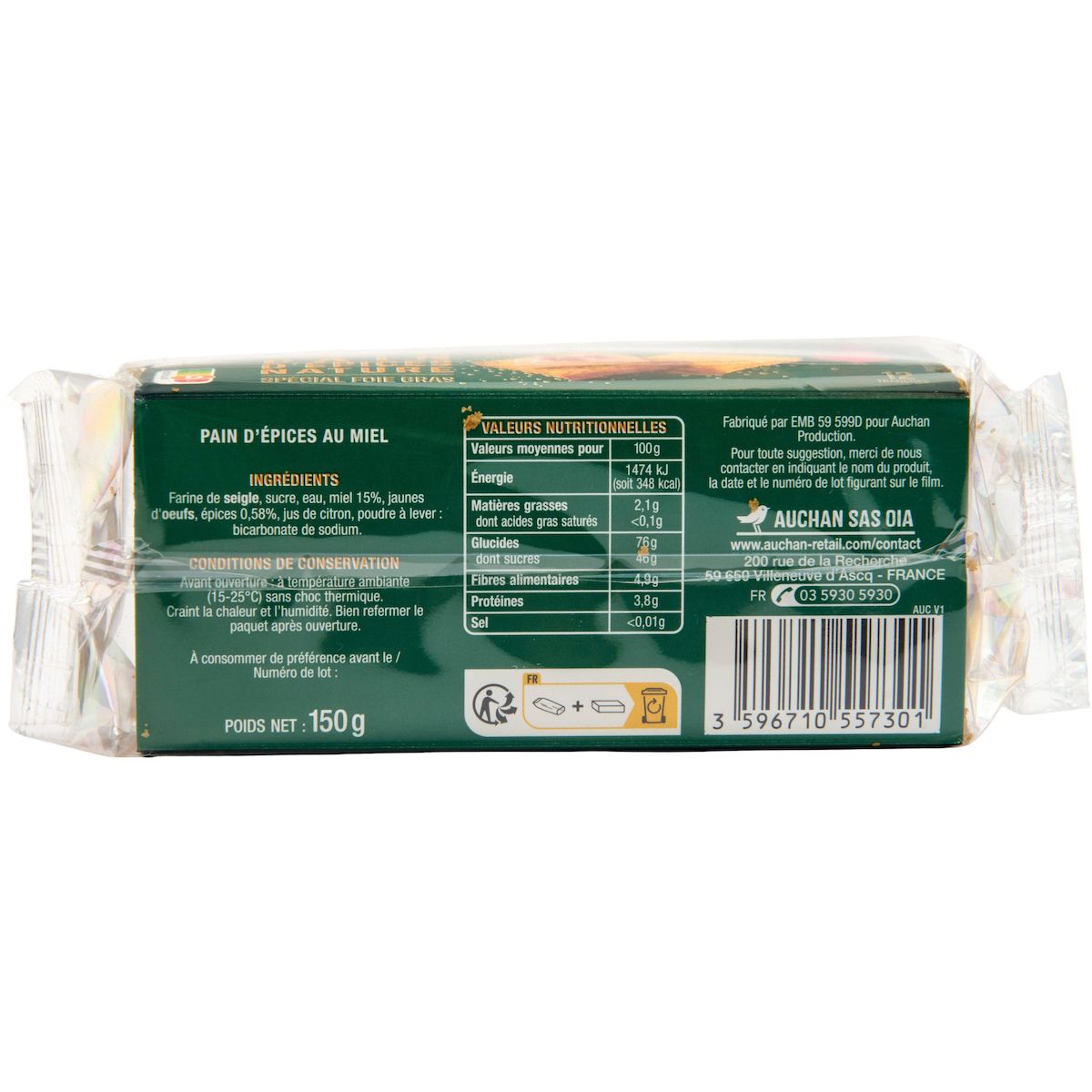 AUCHAN Pain d'épices nature spécial foie gras 12 tranches 150g