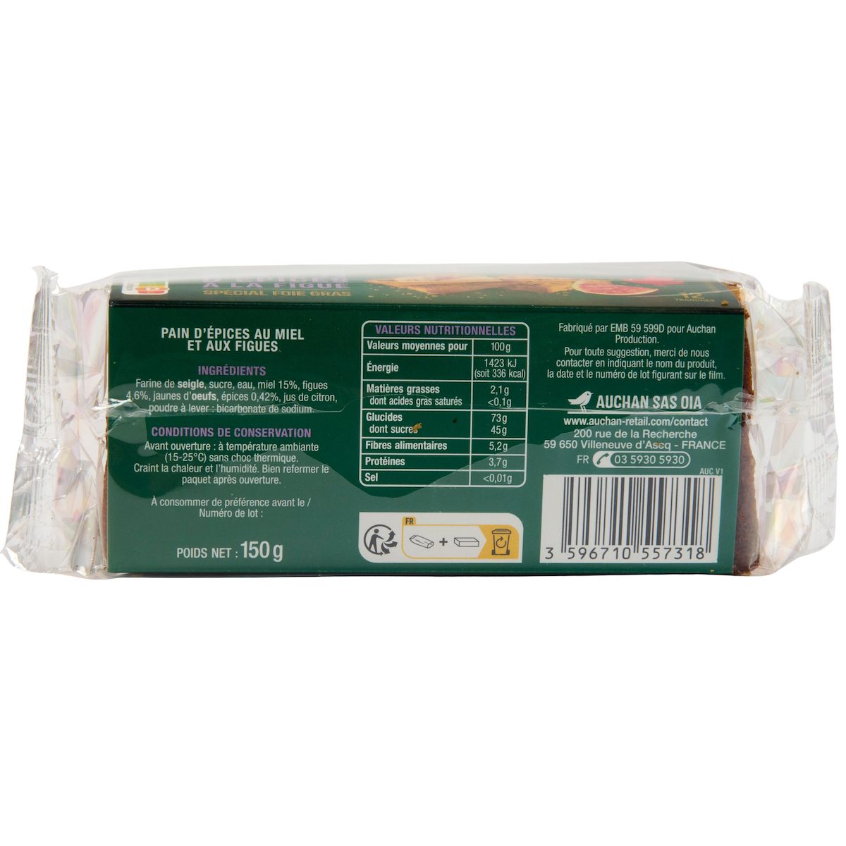 AUCHAN Pain d'épices à la figues spécial foie gras 12 tranches 150g