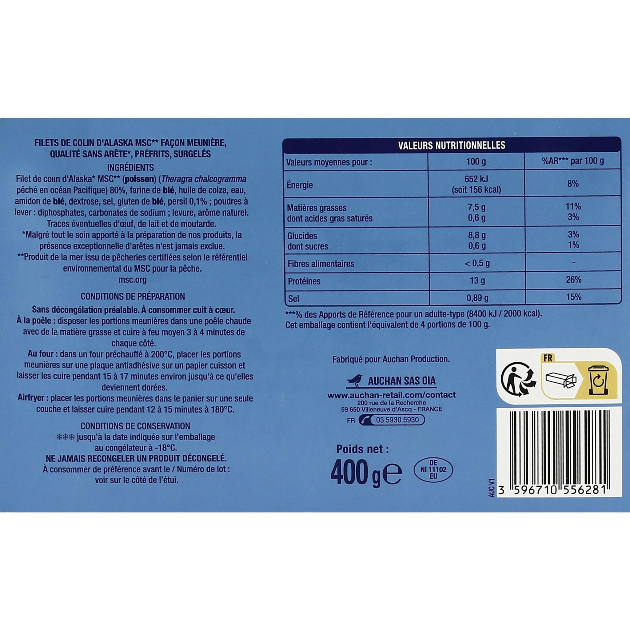 Voir la diapositive 2 : AUCHAN Filet de colin d'alaska meunière d'Alaska 400g