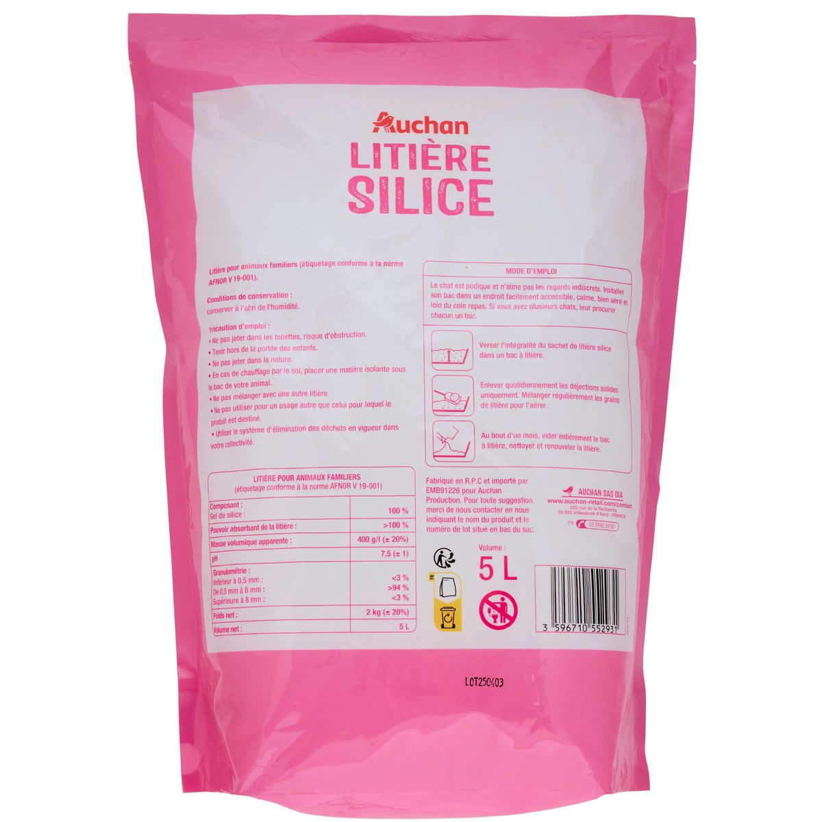 AUCHAN Litière minérale silice absorbante 5l