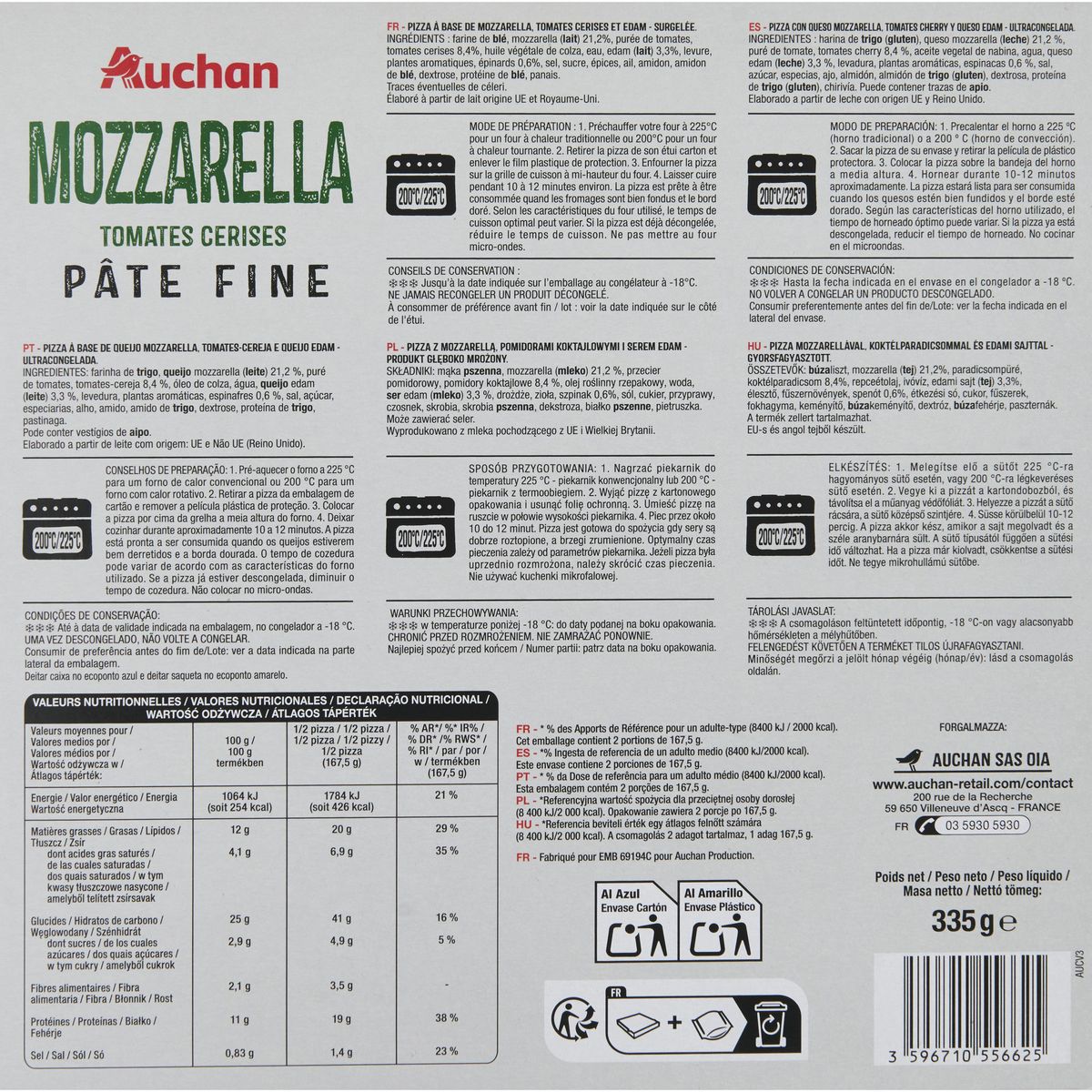 AUCHAN Pizza pâte fine mozzarella 335g
