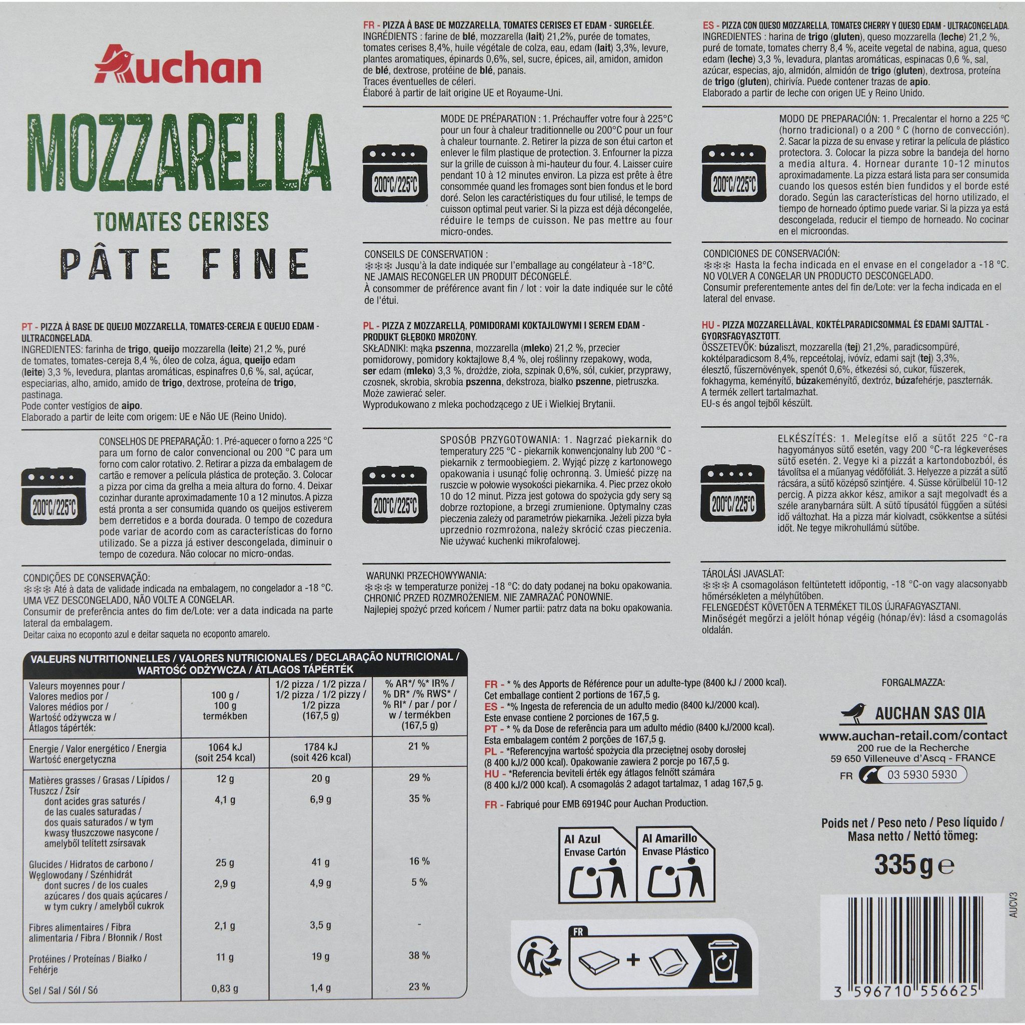 Voir la diapositive 2 : AUCHAN Pizza pâte fine mozzarella 335g