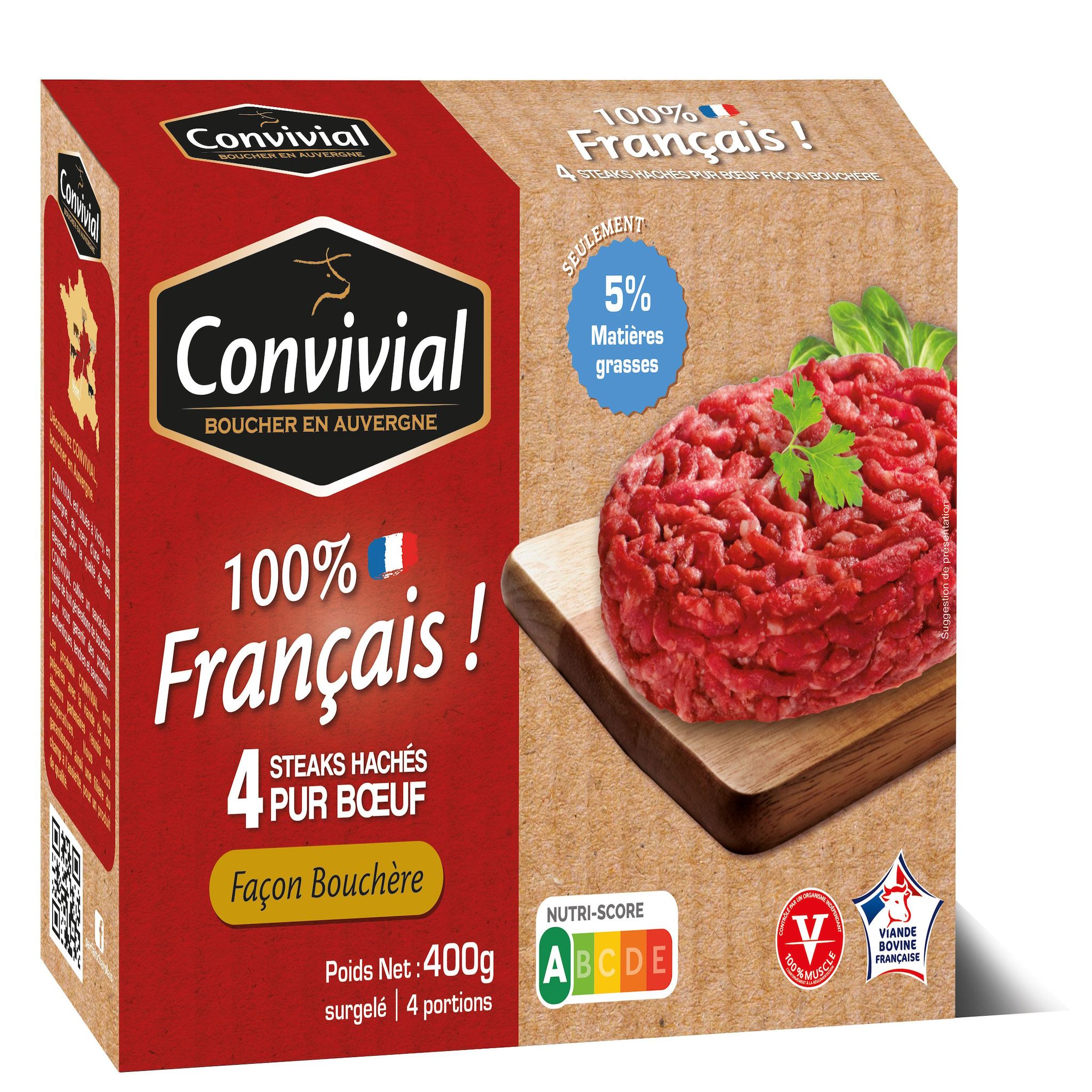 CONVIVIAL Steak haché pur boeuf 5%mg façon bouchère 4x100g