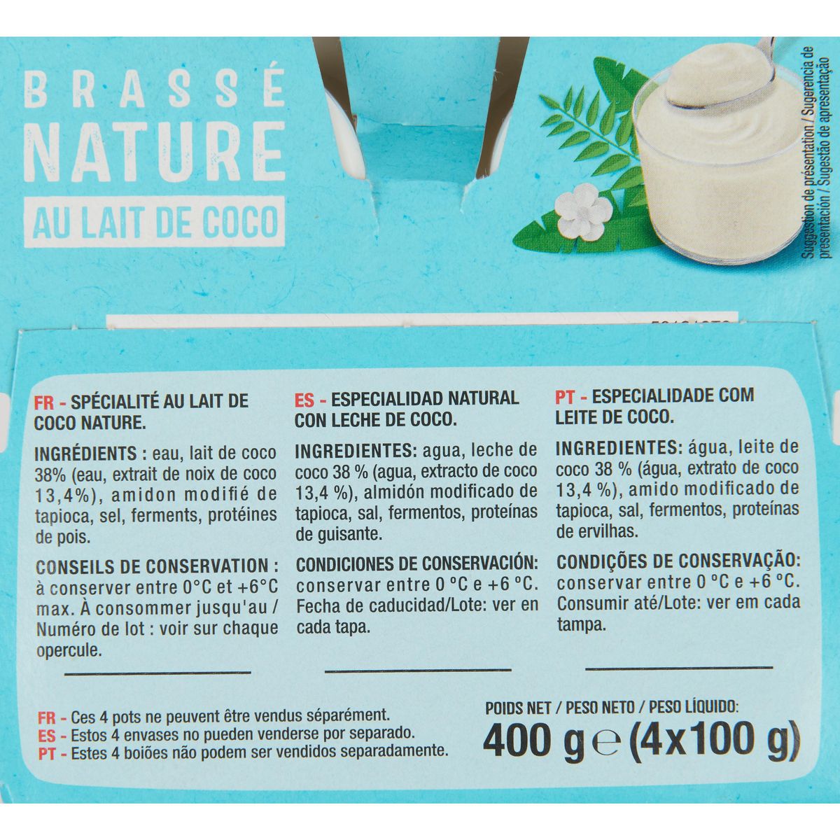 AUCHAN Yaourt végétal brassé nature au lait de coco 4x100g