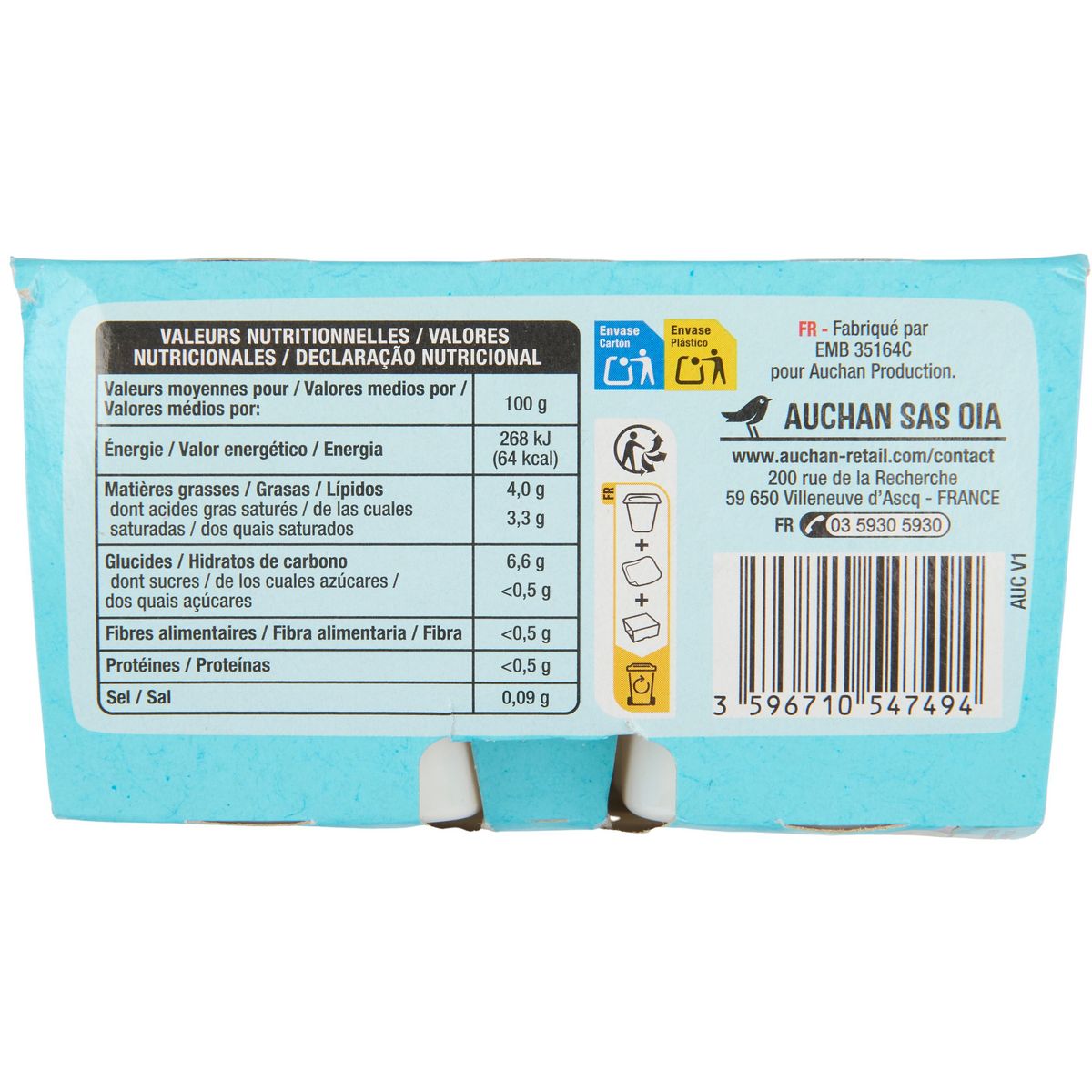 AUCHAN Yaourt végétal brassé nature au lait de coco 4x100g