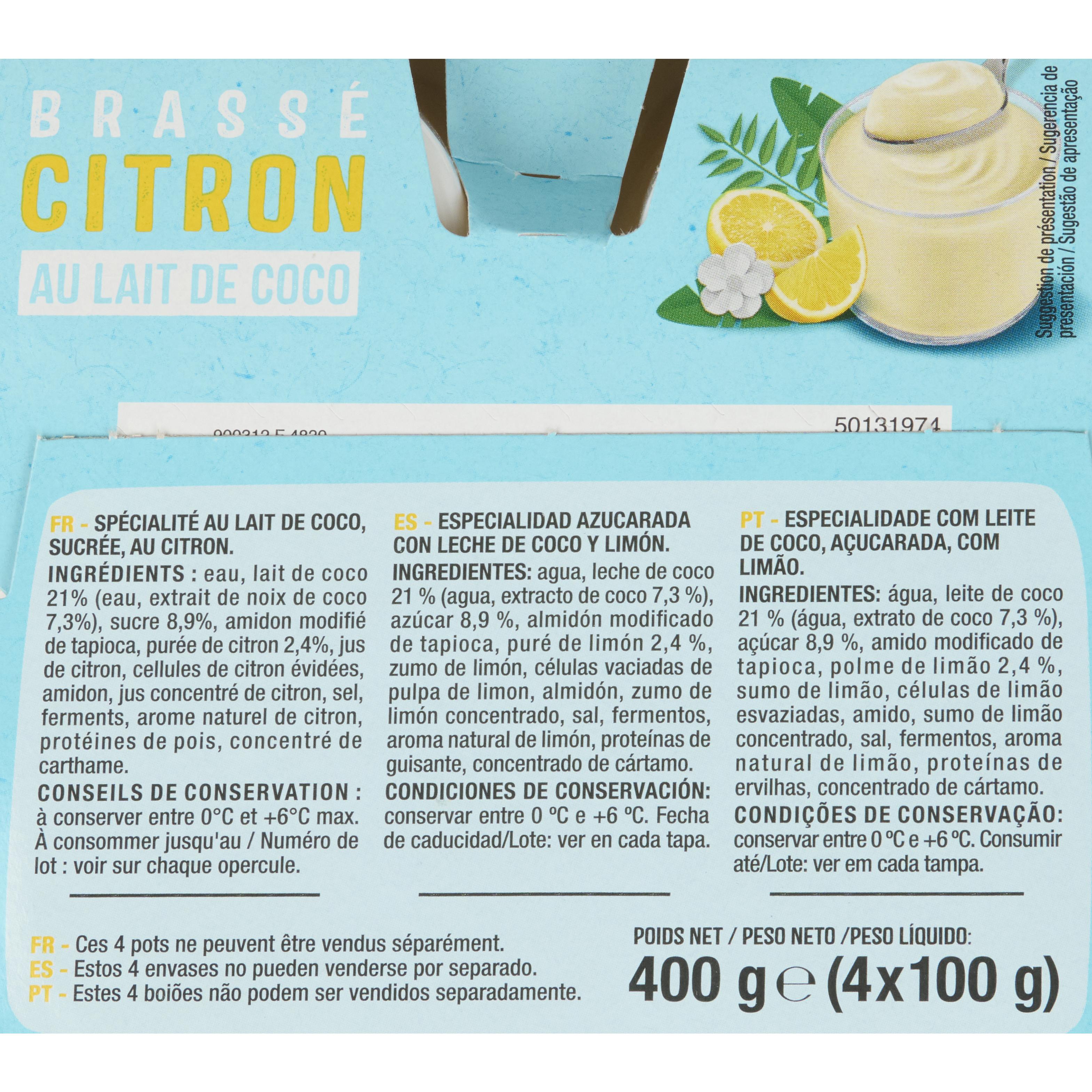 Voir la diapositive 2 : AUCHAN Yaourt végétal brassé au lait de coco saveur citron 4x100g