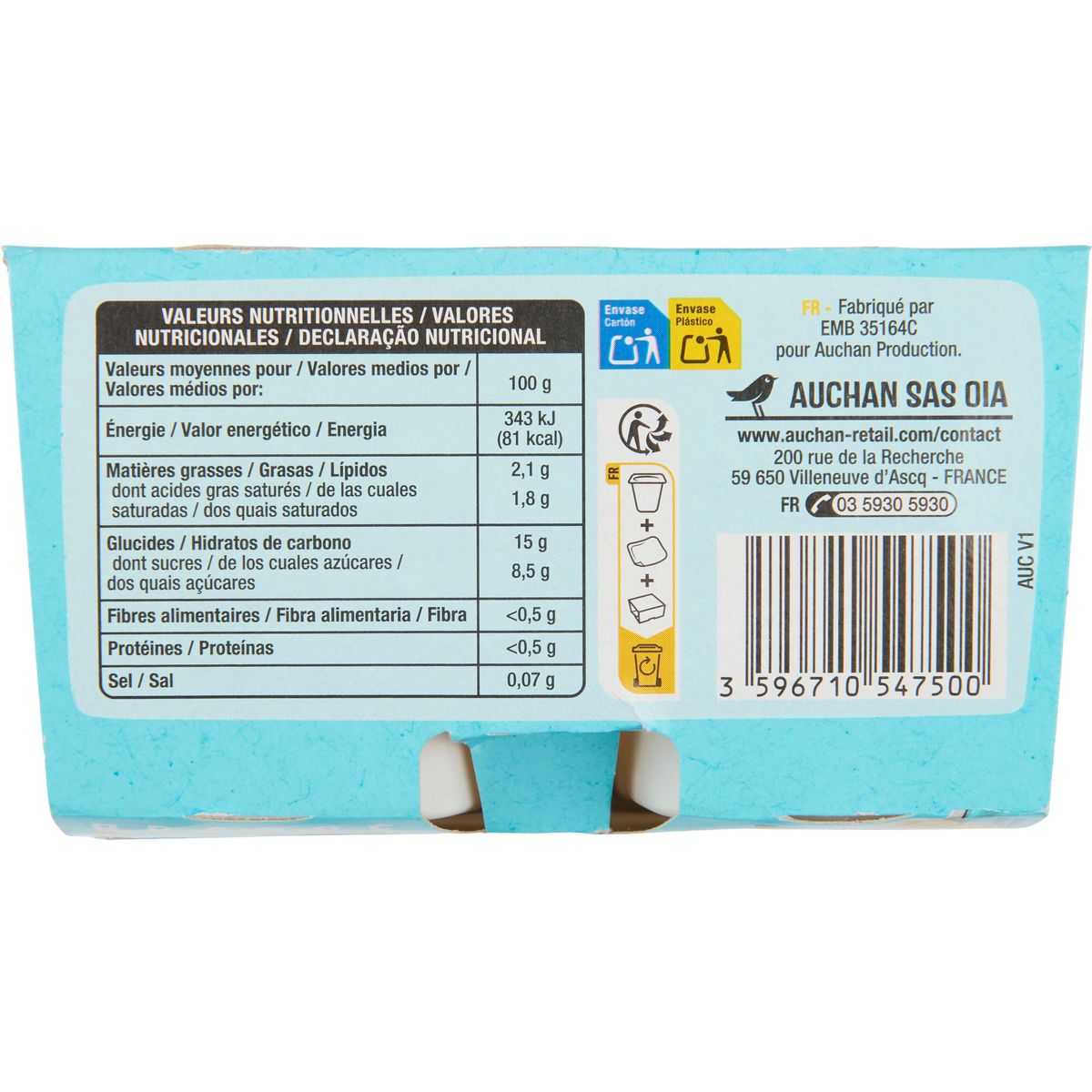 AUCHAN Yaourt végétal brassé au lait de coco saveur citron 4x100g